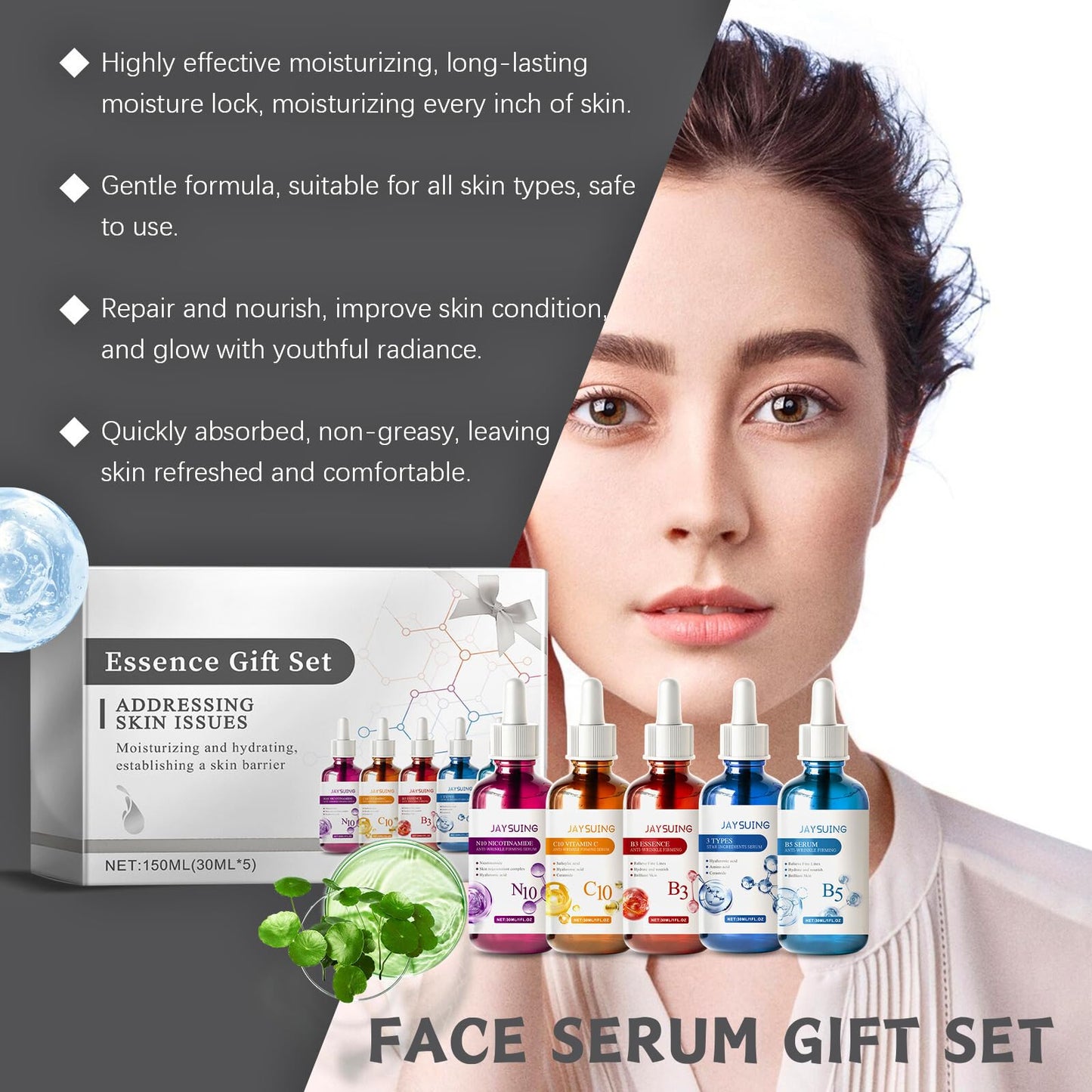 Face Serum Set - Beauty Gift Set for Her, Skin Care Gift Set, Facial Serum Set, 5-in-1 Face Care Set for Women with N10 Nicotinamide, C10 Vitamin C, B3, B5, and 3-in-1 Serums (30ml Each)