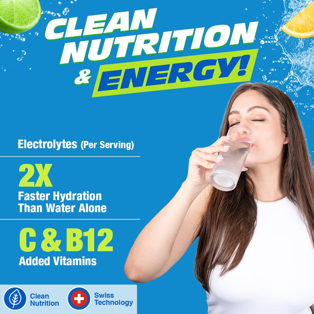 Fast&Up Reload Electrolyte Powder Drink Mix |15 sachets| 5 Electrolytes & Vitamins for Instant Hydration & Energy | (Lemon & Lime)