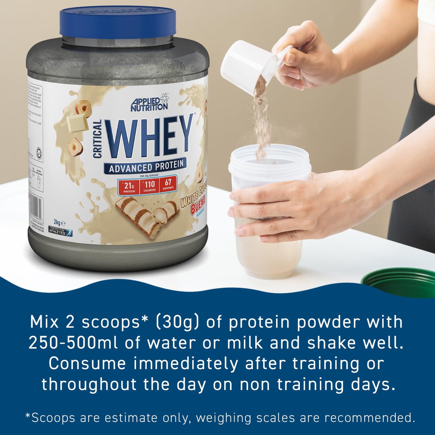 Applied Nutrition Critical Whey Protein Powder 2kg - High Protein Powder, Protein Milkshake, Muscle Building Supplement with BCAAs & Glutamine (2kg - 67 Servings) (White Choco Bueno)
