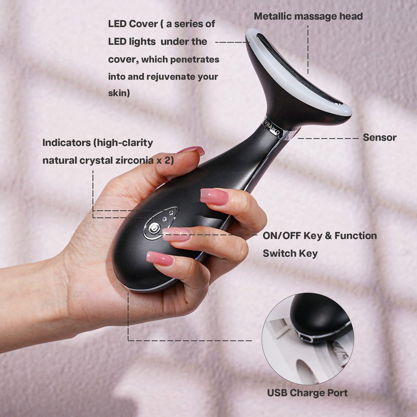 VRAIKO Lily Neck Face Massager, Face Sculpting Tool, Skin Rejuvenation Device with Thermal, Triple Action LED and Vibration, for Anti-Aging, Lifting and Tightening Sagging Skin (Black)