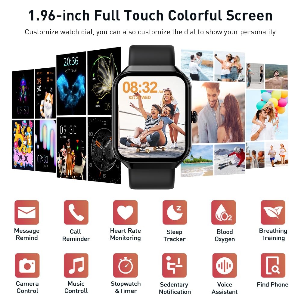 Smart Watch for Men Women Answer/Make Calls, 1.96" HD Smartwatch, Fitness Watch with Heart Rate/Sleep Monitor/Pedometer, 110+ Sports Activity Trackers, IP68 Waterproof Fitness Tracker for iOS Android