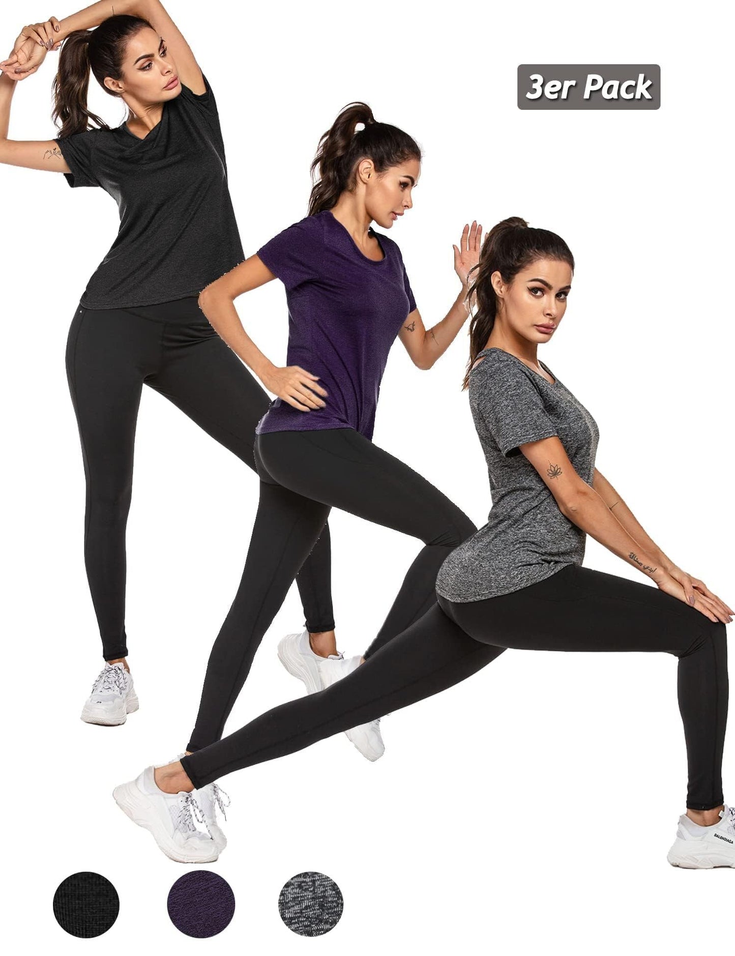 PINSPARK Women's 1 or 3 Pack Sport Tshirt Cross Back Yoga Sport Tshirt Breathable Ladies Quick-Drying Activewear Tops Flexible Athletic Gym T-Shirts PAT1 or 3 XL