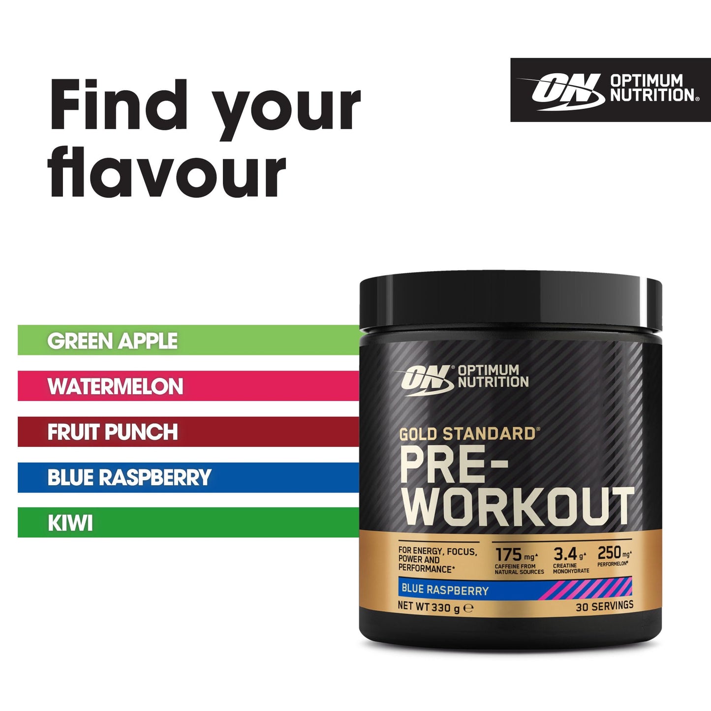 Optimum Nutrition Gold Standard Pre Workout Powder, Energy Drink with Creatine Monohydrate, Beta Alanine, Caffeine and Vitamin B Complex, Food Supplement, Blue Raspberry Flavour, 30 Servings, 330 g