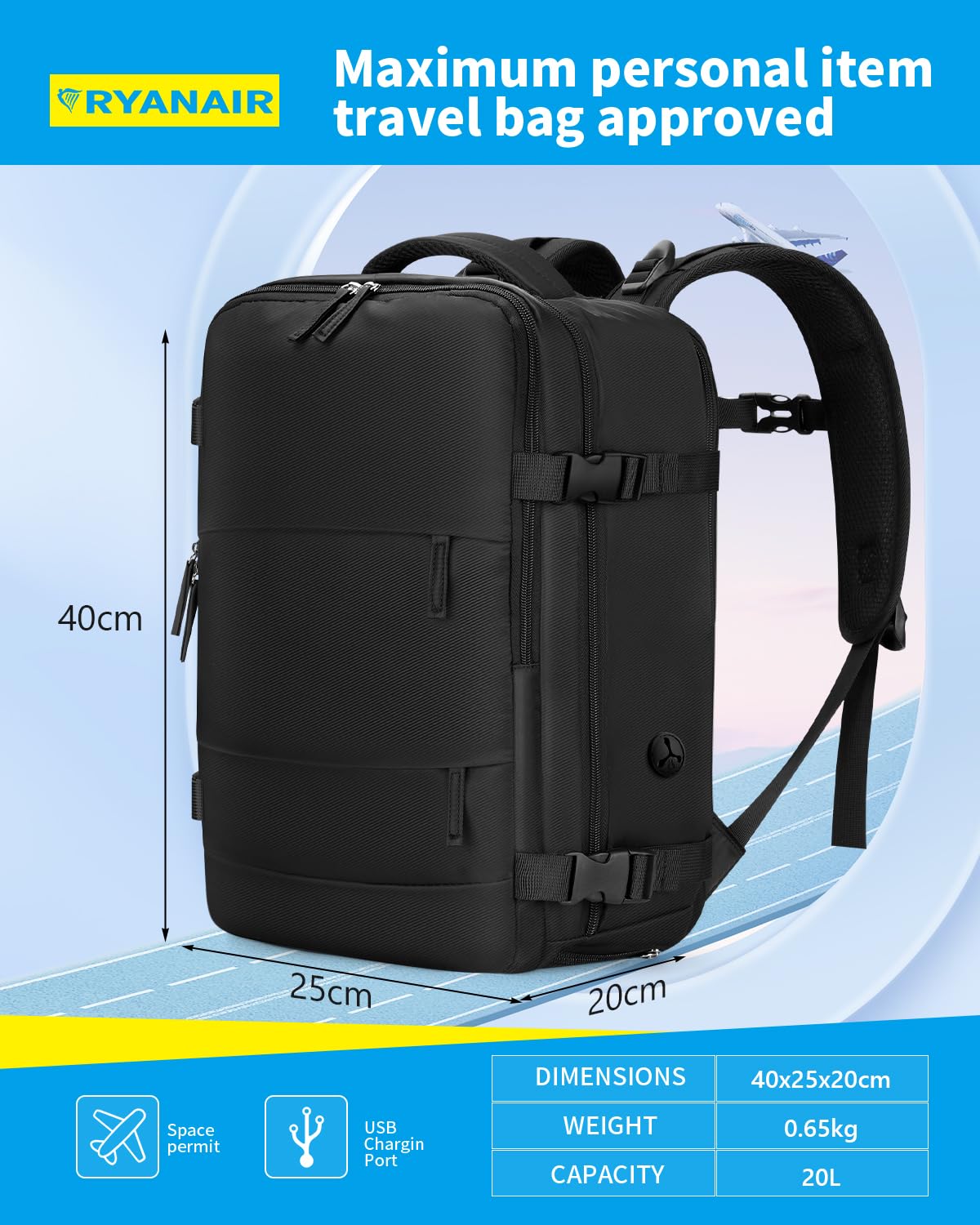 Cabin Bags for Ryanair 40x20x25 Underseat Travel Bag 11 Pockets Hand Luggage Bag Cabin Bag with Separate Shoe Pocket for Women & Men Carry on Bag, 20L, Black