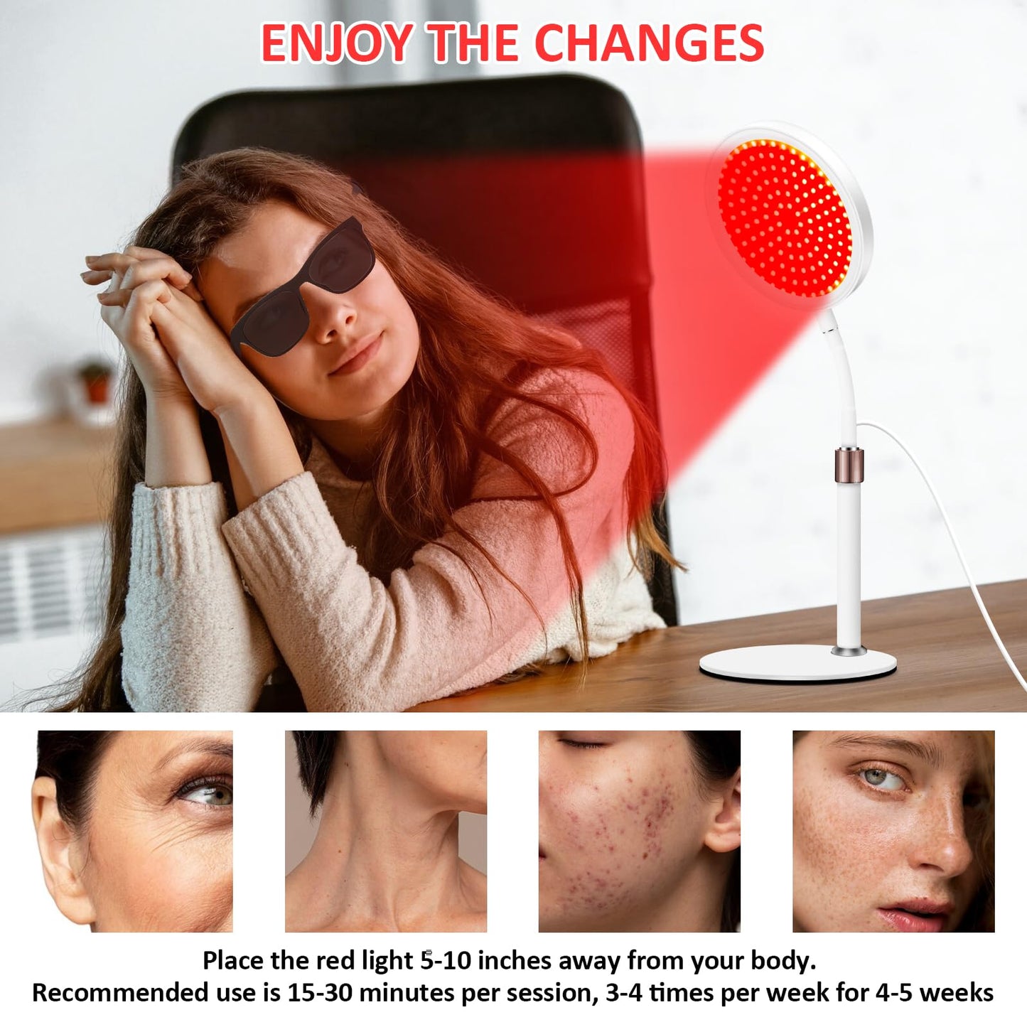 Red Light Lamp with Base, 660nm&850nm Infrared Light Lamps, 3-in-1 Chip Design & Adjustable Gooseneck & 10/30/45mins Timer, 100LEDs Red Lights Lamp for Home Use