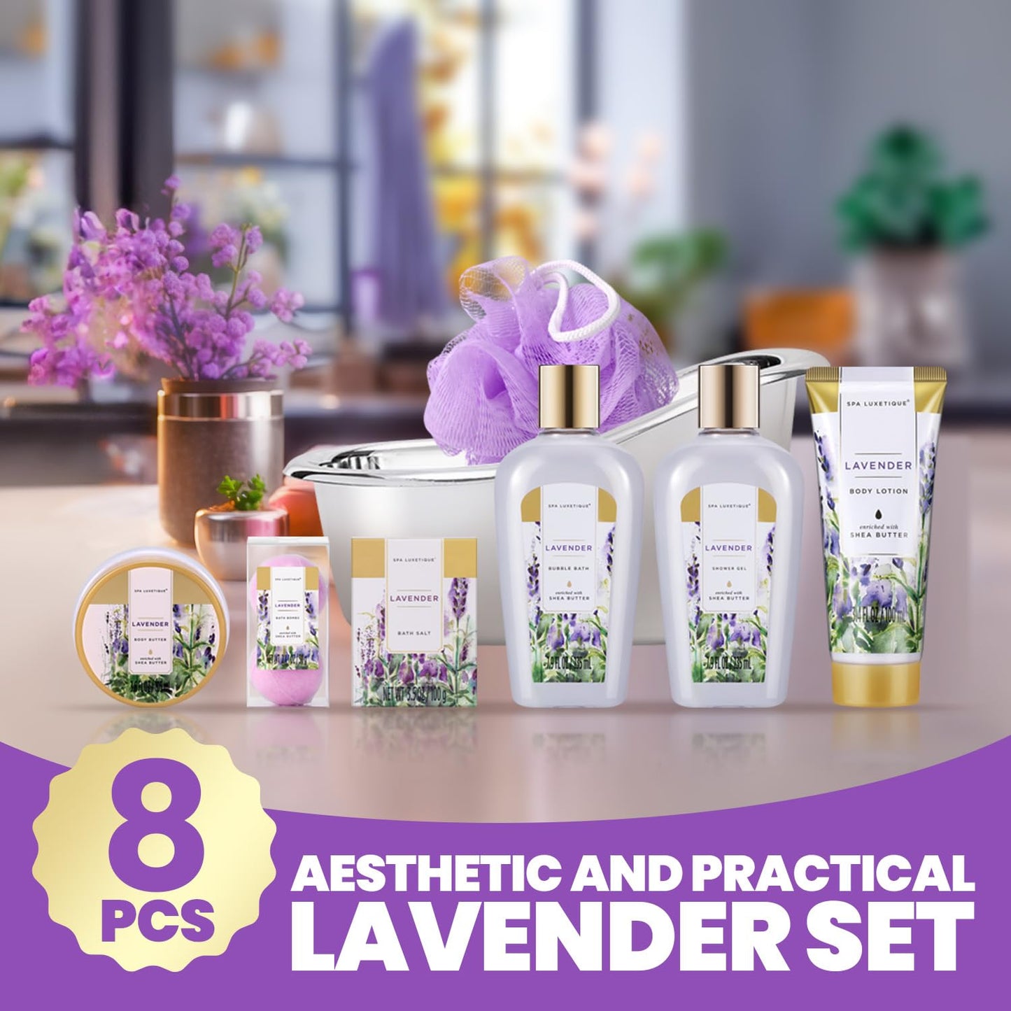 Spa Luxetique Pamper Gifts for Women, 8pcs Lavender Bath Set for Women Gifts, Spa Gifts Set with Bubble Bath, Body Lotion, Relaxing Gifts for Women, Birthday Gifts for Women, Mothers Day Gifts