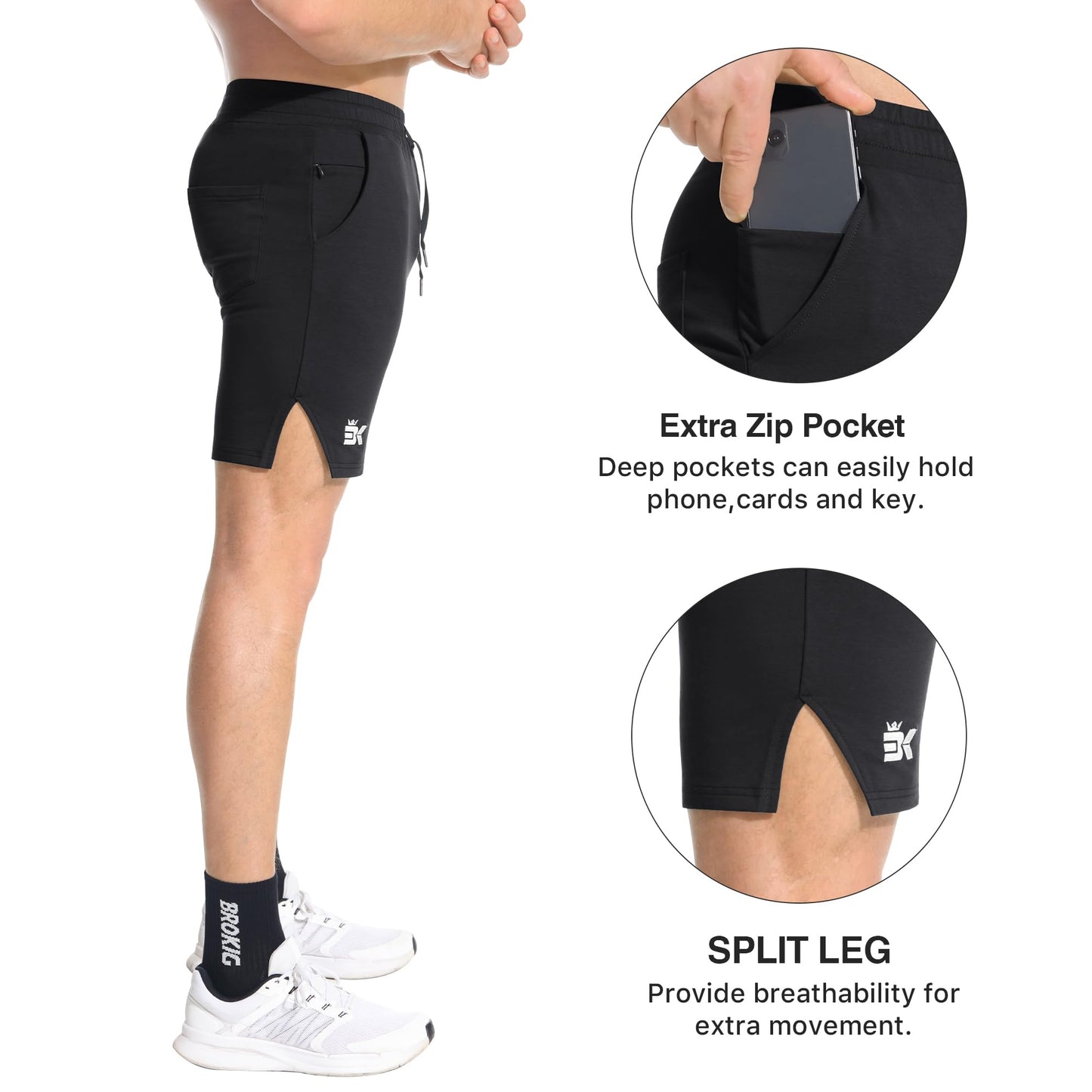 BROKIG Mens Inpok Gym Running Shorts, Workout Athletic Fitness Sports Shorts with Zipper Pockets(XL,Black)