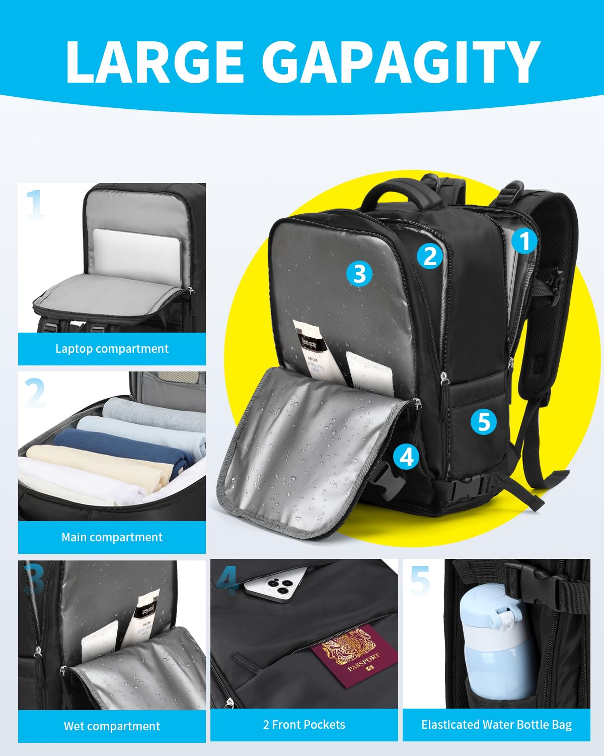 Cabin Bags for Ryanair 40x20x25 Underseat Travel Bag 11 Pockets Hand Luggage Bag Cabin Bag with Separate Shoe Pocket for Women & Men Carry on Bag, 20L, Black