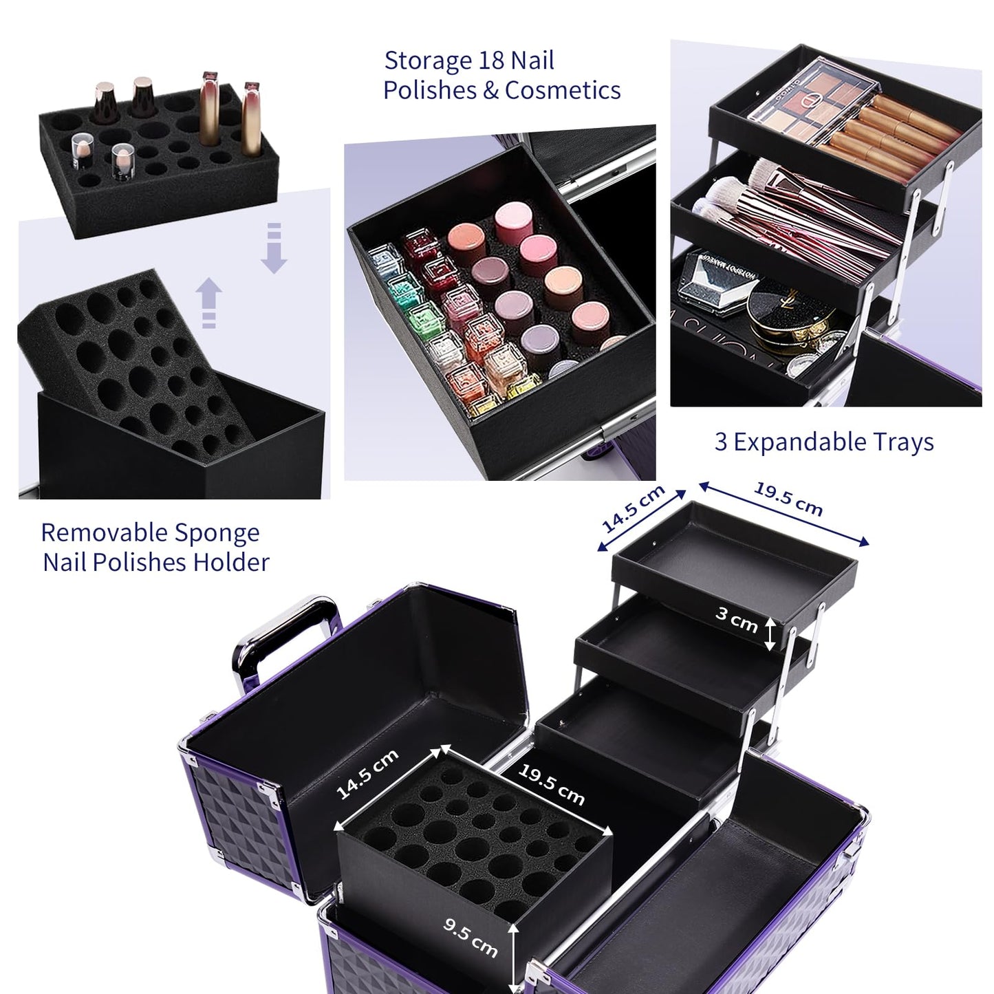 Joligrace Professional Makeup Trolley Cosmetic Vanity Box Make Up Case Organiser Beauty Rolling Box Beauty Trolley on Wheels Nail Technician Case, Black-Purple