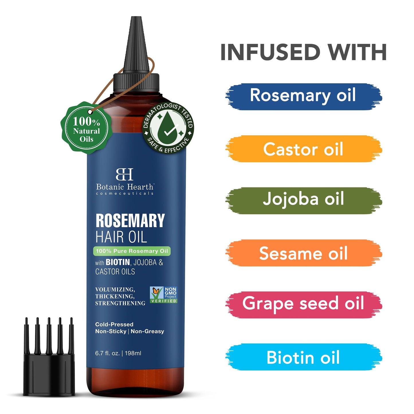 Botanic Hearth 100% Pure Rosemary Oil For Hair Growth Infused With Biotin | Hair Strenghtening Treatment | Nourishing & Volumizing | With Jojoba Oil & Castor Oil | Non GMO Verified | 6.7 fl oz