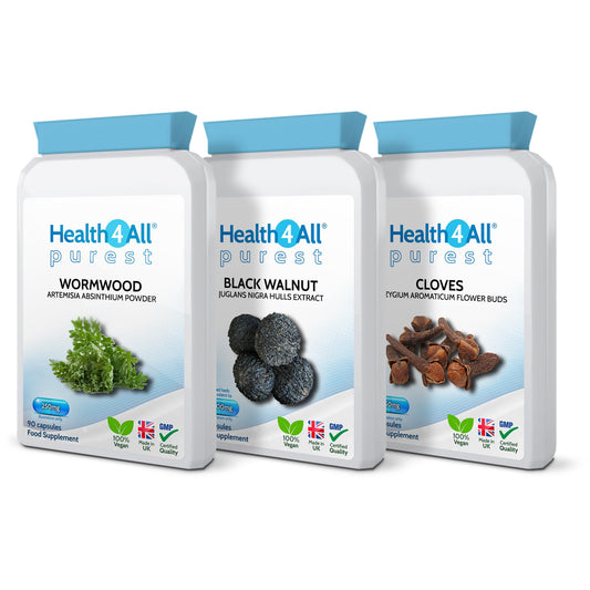 Health4All Wormwood, Black Walnut, Cloves Digestive Dewormer Detox Cleanse for Humans Set 3x90 Capsules. Vegan. Purest - no additives Intestinal Detox Supplement