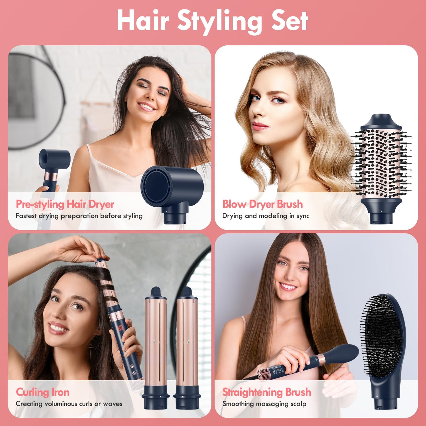 Flexstyle Hair Styler, NDLT 110,000 RPM High Concentration of Negative Ions Hair Dryer, Blow Dryer Brush, Straightening Brush, Curling lron 5 in 1 for Fast Drying Curling Straightening & Smoothing