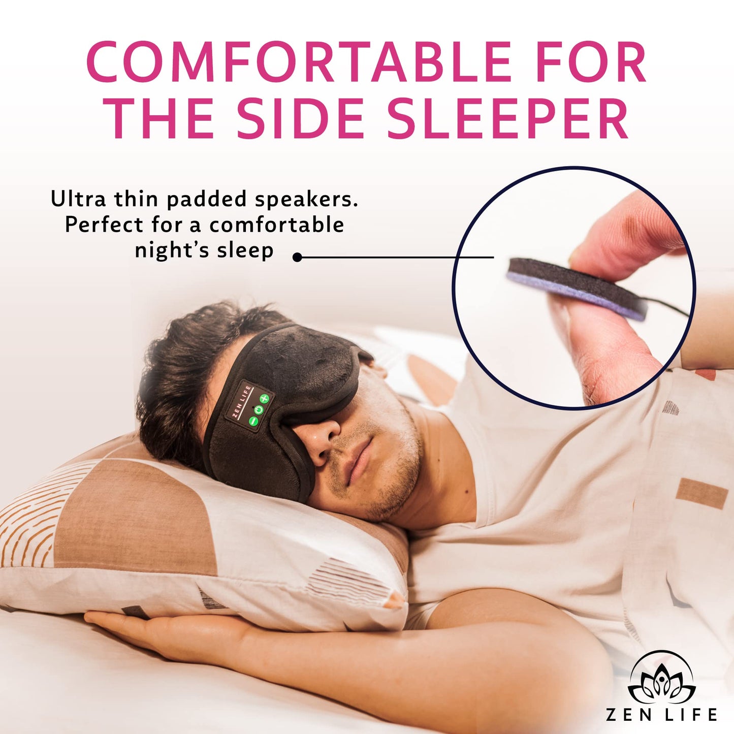 Zen Life Sleep Headphones, Ergonomic 3D Bluetooth Sleep mask, Perfect for Side Sleeping with Ultra Thin Soft Speakers, Blocks Light, Spotify Playlists Included, UK Based Company.