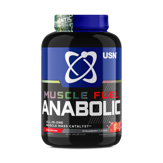 USN Muscle Fuel Anabolic All-In-One Muscle Mass Gainer, Strawberry Flavour - 2kg, 54g Protein Powder, 5g Creatine Powder & 5g BCAA Powder For Maximum Muscle Growth, Post Workout Recovery Drink Mix