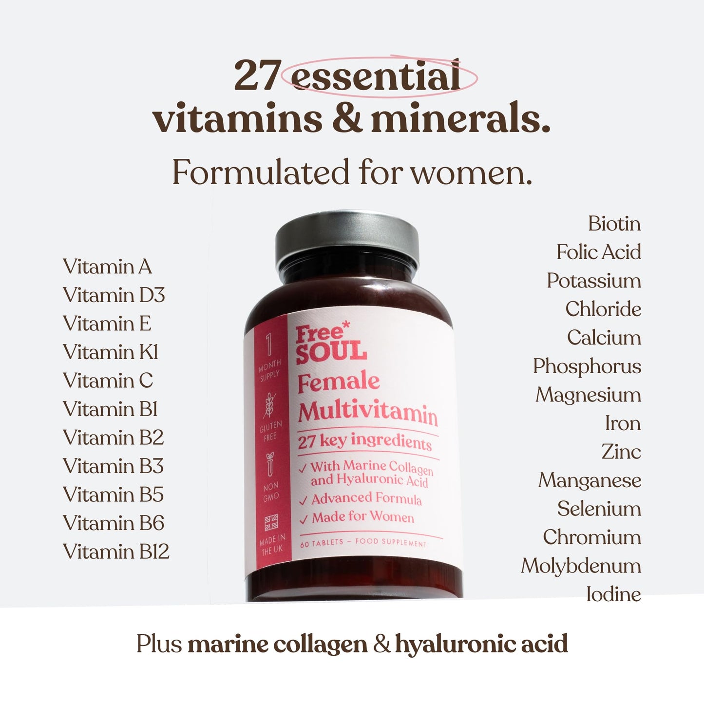 Women's Multivitamins & Minerals with Marine Collagen & Hyaluronic Acid | 27 Essential Vitamins, Minerals, & Botanicals | Gluten-Free & No Synthetic Fillers or Binders | 60 Tablets | Free Soul