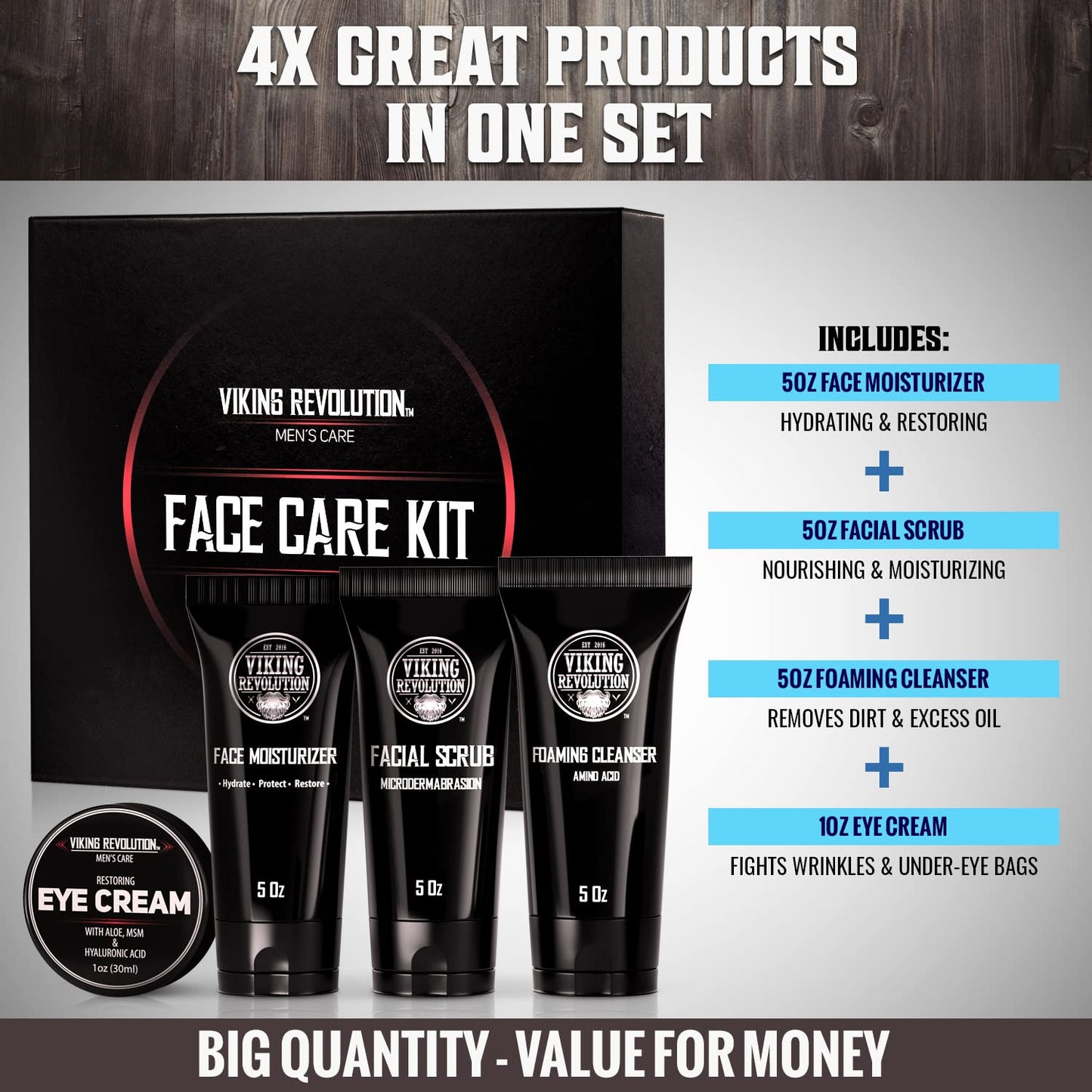 Viking Revolution - Mens Skincare Kit - Includes (148ml Each) Mens Face Moisturiser, Mens Face Wash, Mens Face Scrub and Mens Eye Cream (30ml) - Mens Skincare Gift Set - Gifts For Men