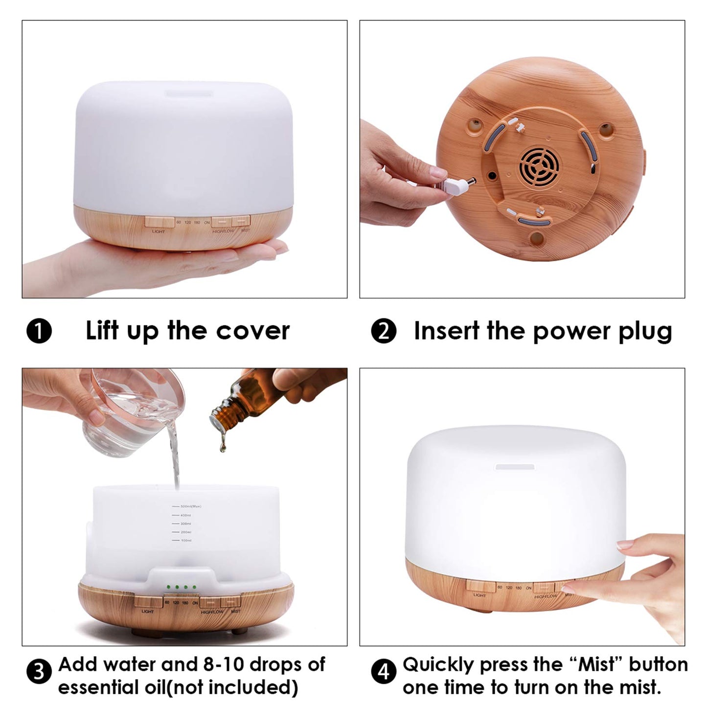 Diffuserlove Essential Oil Diffuser 500ML Remote Control Aromatherapy Diffuser Cool Mist Humidifiers 7 LED Night Light for Home Office SPA Yellow