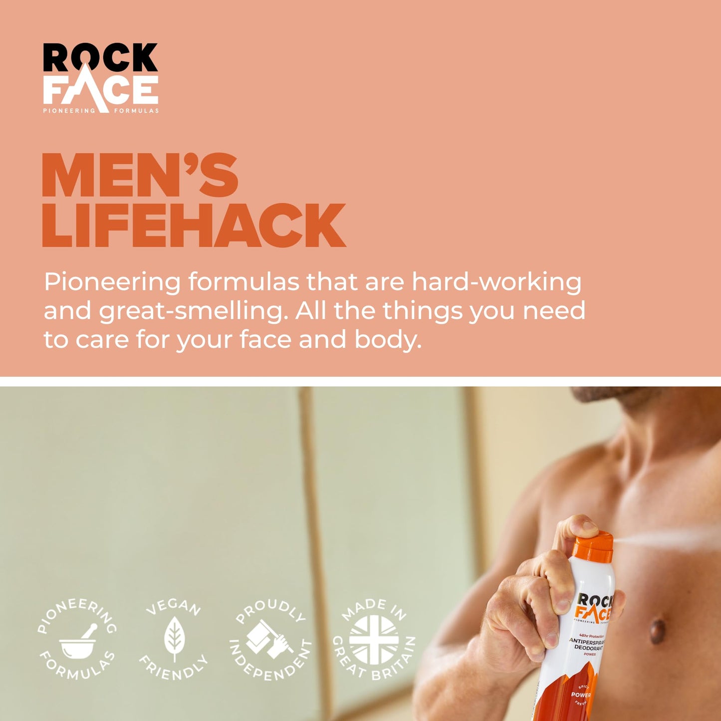 Rock Face Antiperspirant Deodorant for Men - Power Spicy Oriental Scent, 200ml Spray, 48 Hour Protection, Non-Staining, Multipack of 6