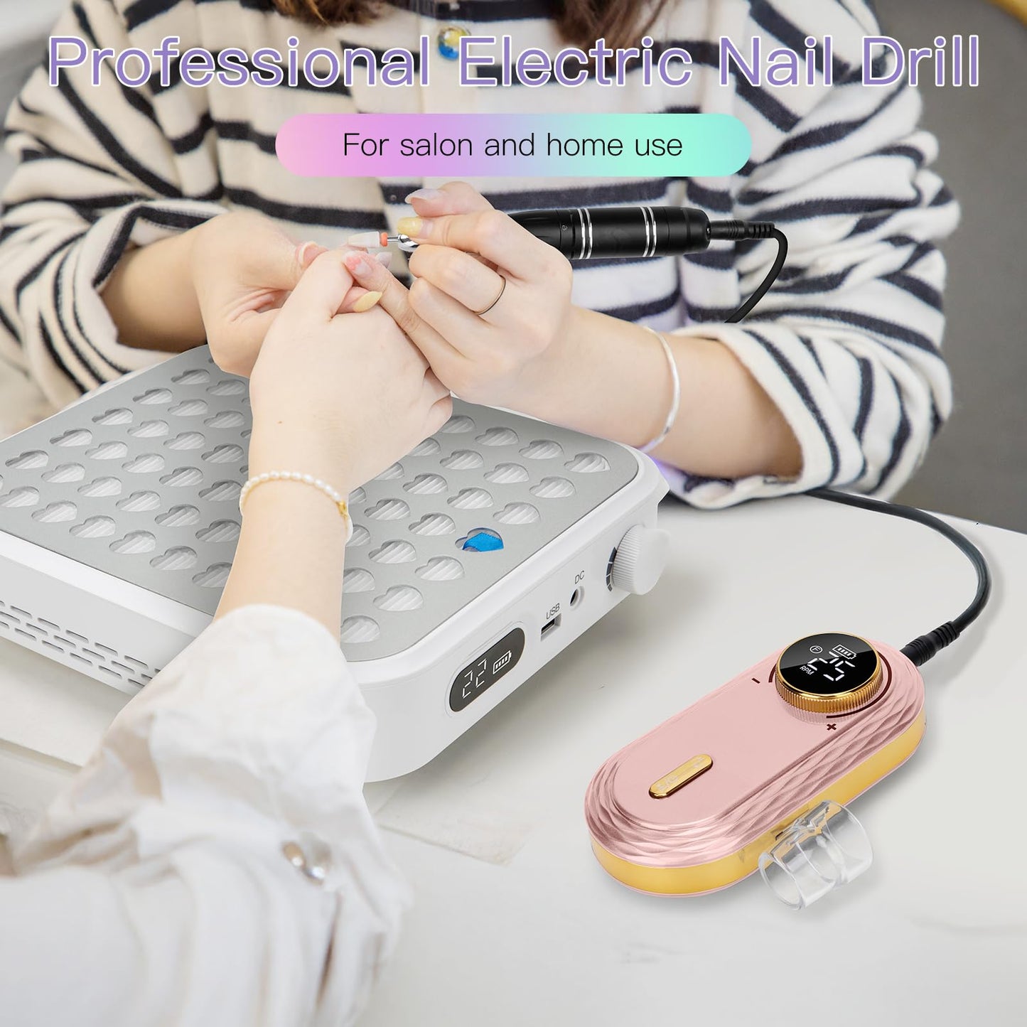 Madenia Electric Nail File 35000RPM, Professional Rechargeable Nail Drill Machine with Ceramic & Metal Drill Bits, Cordless E File Portable Efile for Acrylic Nails Gel Salon Home Manicure Use (Pink)