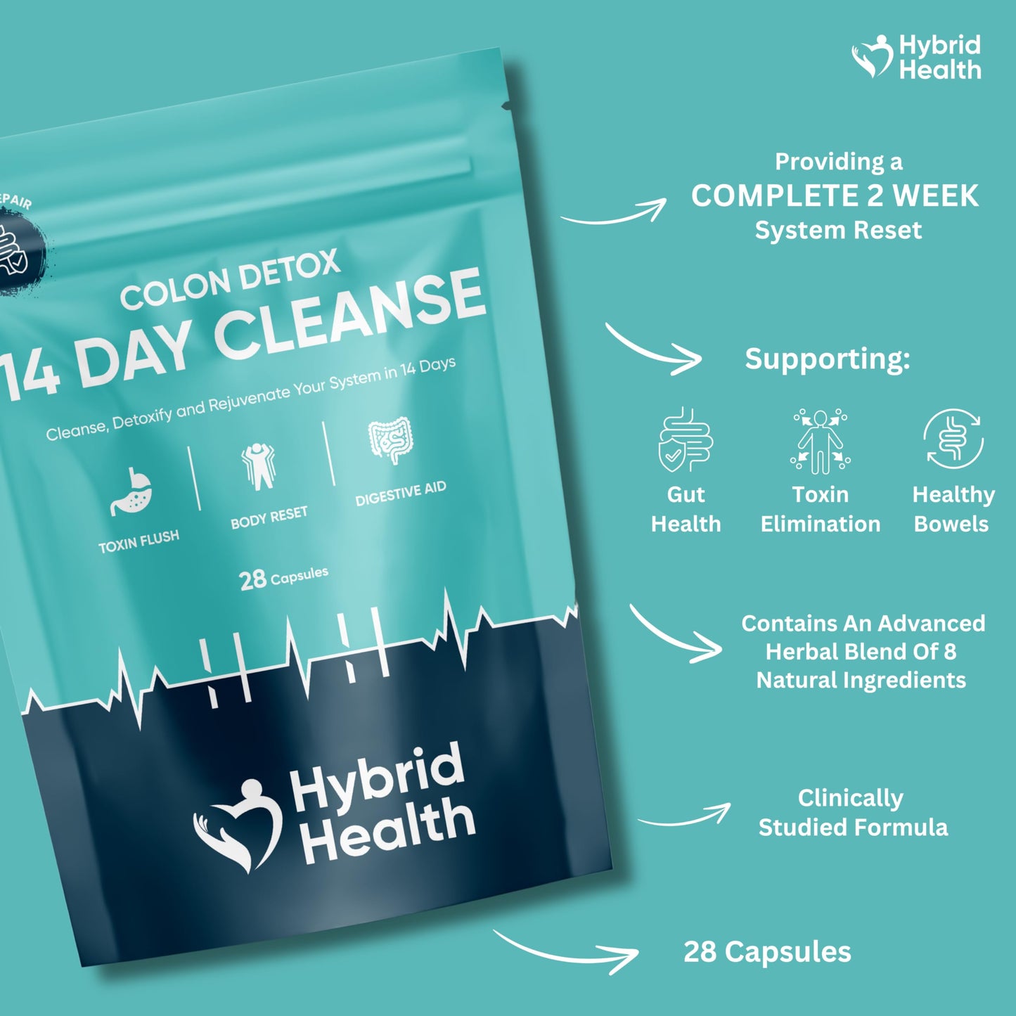 Hybrid Health Colon Cleanse Rapid 14 Day Detox Supplement for Men & Women | 28 High Strength Capsules | Eliminates Toxins, Promotes Gut Health | Non GMO Gut Cleanse