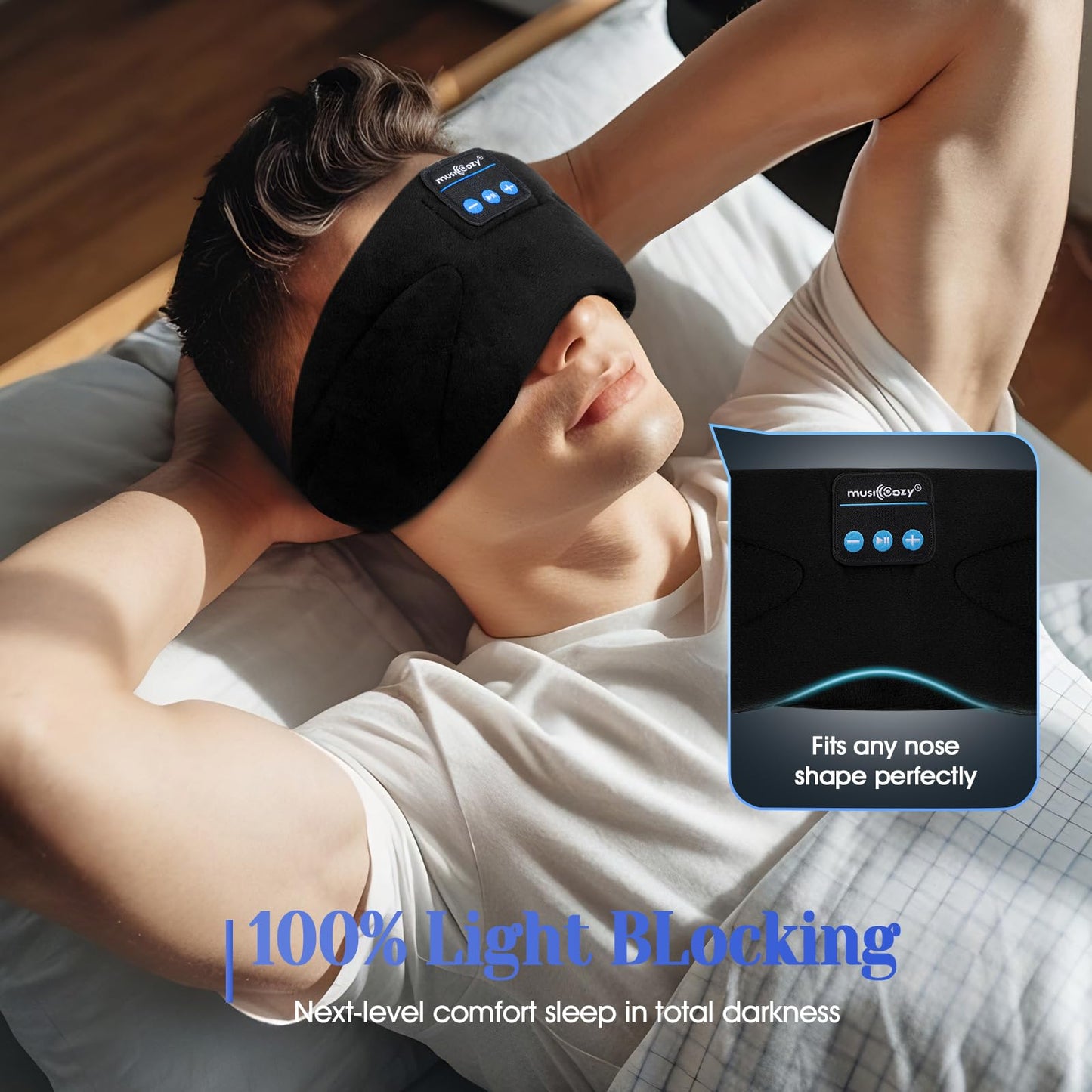 Musicozy Sleep Mask Headphones Bluetooth Sleep Mask,Soft Eye Mask Headphones for Sleeping/Relaxation -100% Blackout Sleep Masks with Headphones for Travel/Meditation/Yoga,Unisex Gifts for Men Women
