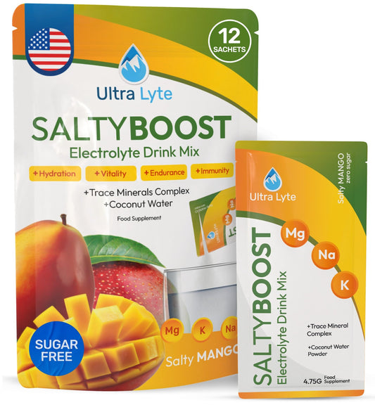 Ultra Lyte Electrolytes Drink Mix - Sugar-Free Sachets with High Sodium, Trace Minerals, and Coconut Water - Hydration for Sports, Fitness, and Recovery (12 Servings (Pack of 1), Salty Mango)