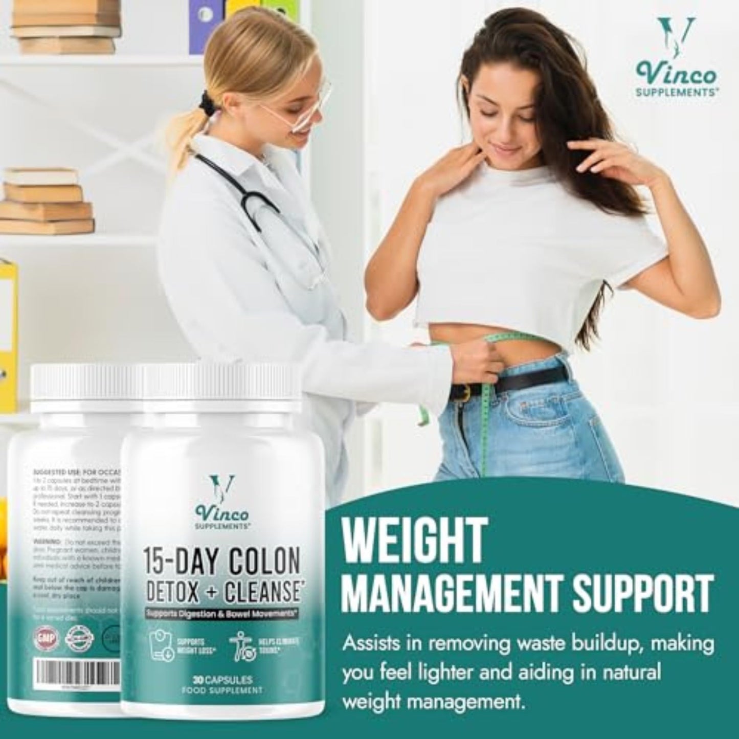 Vinco Colon Cleanse 15 Day Detox - Supports Weight Loss - Eliminates Toxins - Relieves Constipation & Bloating - Probiotics for Gut Health - Promotes Regularity - Herbal Stool Softener