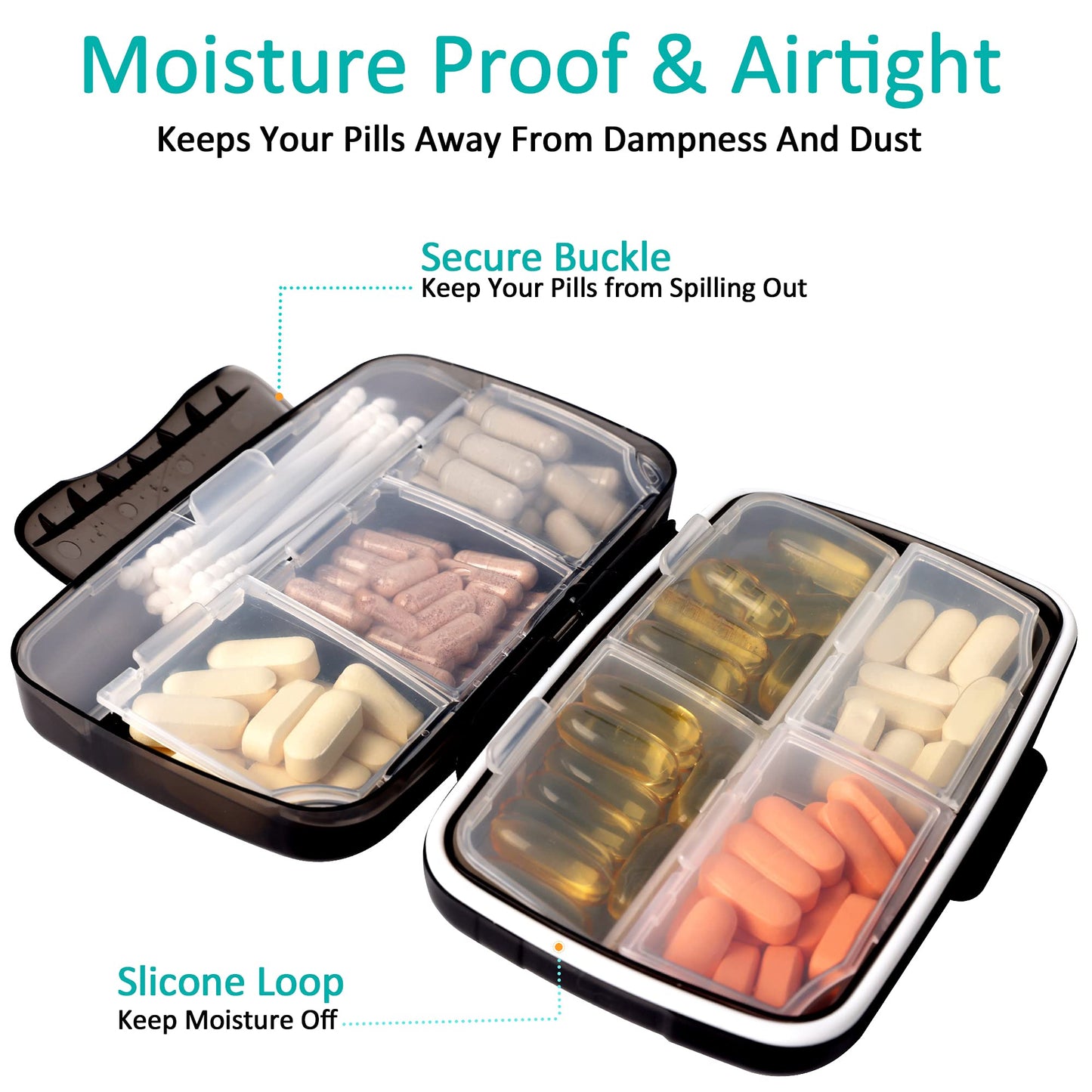 Fullicon Travel Pill Box Organiser Large Portable, Oversize 8 Compartment Pill Boxes/Holder, Vitamin/Medication Case - Airtight & Moistureproof (Black)