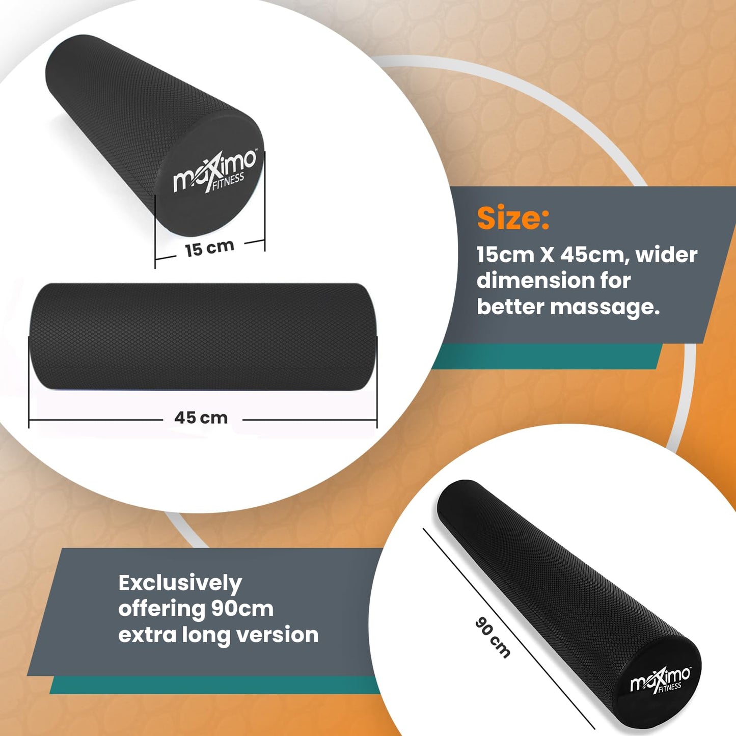 Maximo Fitness Fascia Roller for Spine and Back, Legs, Arms - Medium Hard Massage Roller for Yoga, Pilates, Regeneration After Sports (Black, 15 cm x 45 cm)