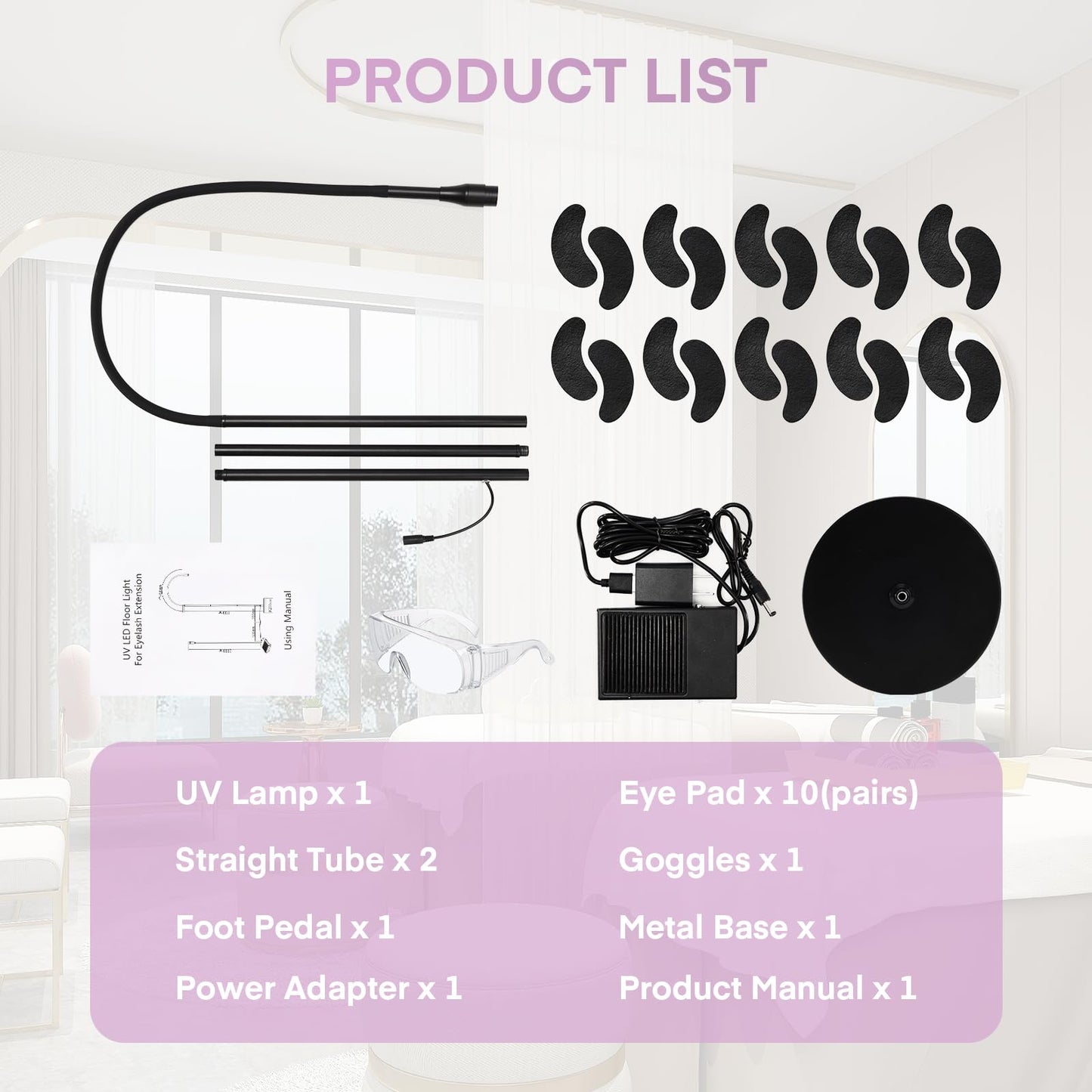 Lmaqfum UV Lash Light for Eyelash Extensions- Curing UV Eyelash Glue, 5W UV Lash Nail Tech Glue Lamp with Foot Pedal Control, Glue Cured in 2-3 Seconds, 10 Eye Patch+Goggles, Adjustable Spot Size