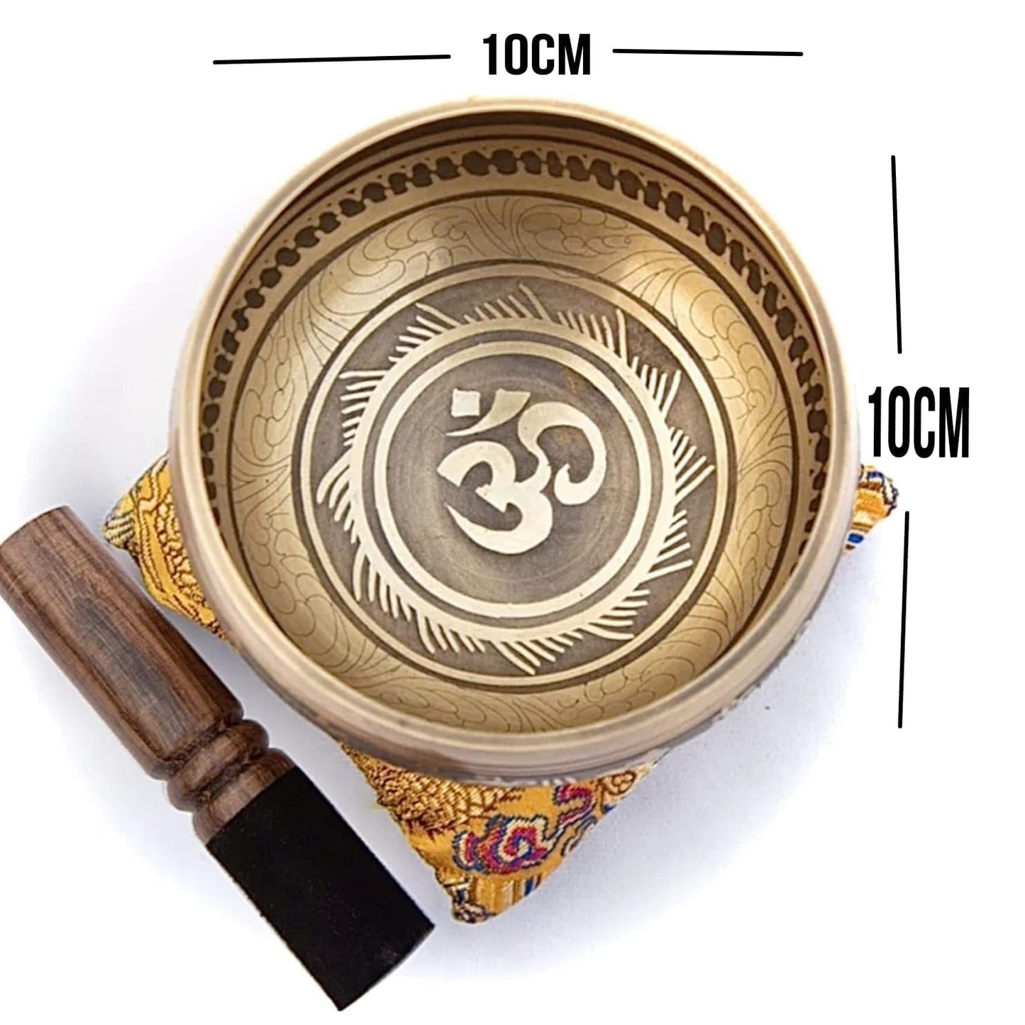 Tibetan Singing Bowl Set - Easy To Play - Om Design For Meditation Sound Chakra Yoga Healing 4 Inches By Himalayan Bazaar (Gold & Yellow)