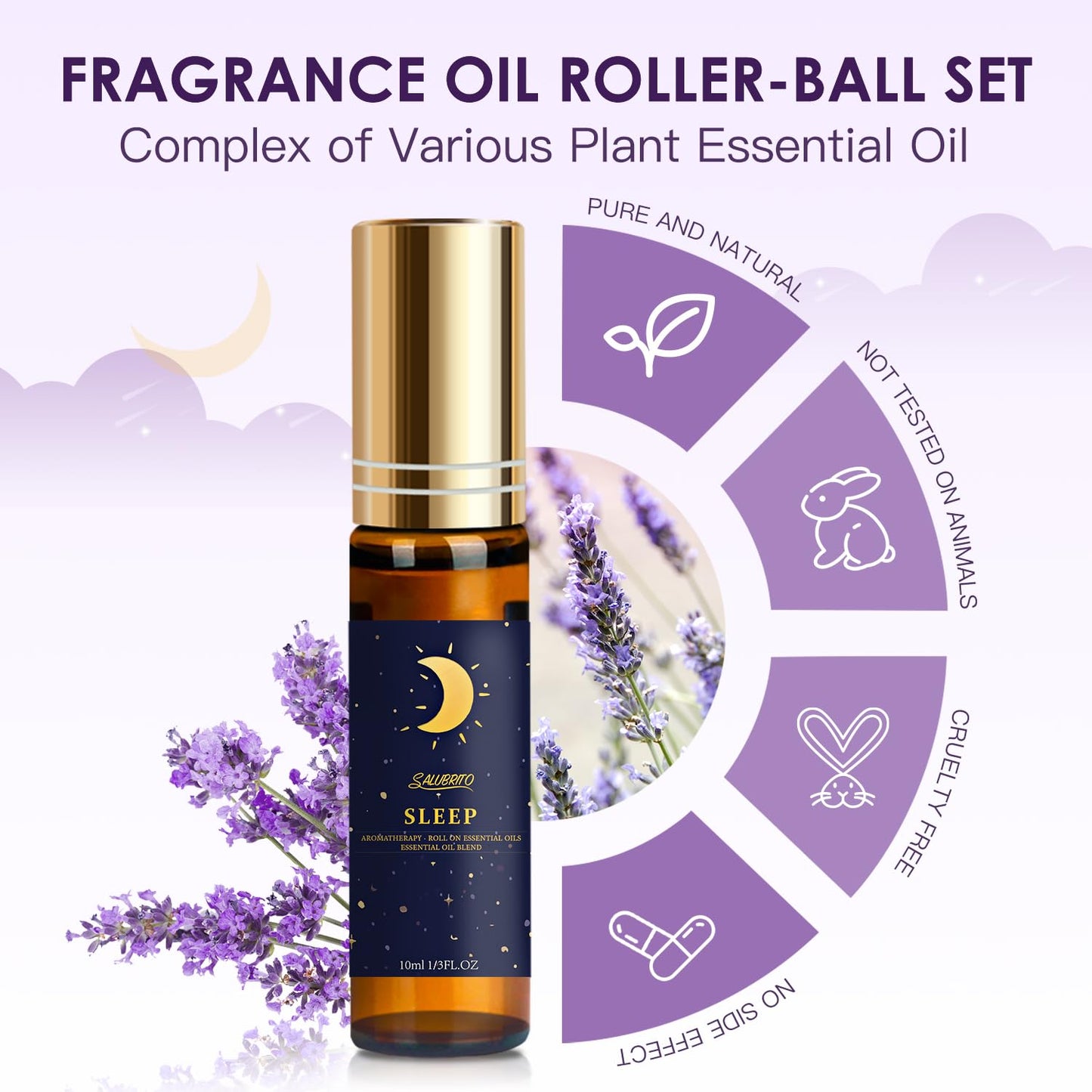 SALUBRITO Essential Oil Roll On Set, 6x10ml Aromatherapy Oil Roller Ball with Lavender, Peppermint Essential Oil Blend for Skin, Anxiety Relief, Relaxation Gift for Women - Sleep, Breathe