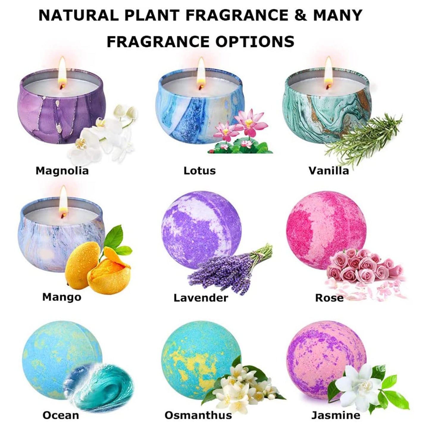 OFUN Bath Bombs & Scented Candles Gift Set, Large Bombs for Women Gifts, Spa Gift Idea for Girls, Friends, Kids Girlfriends Mum Mother's Day Birthday | 5 Bubble Balls & 4 Organic Soy Candles