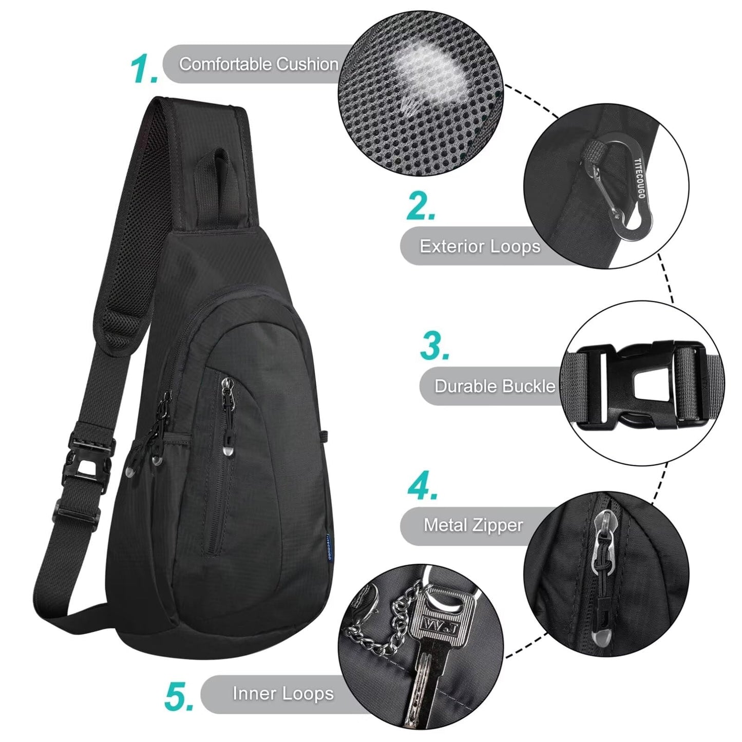 TITECOUGO Small Sling Bag Lightweight Crossbody Bag for Women Rucksack for Men Running Backpack Travel Chest Pack Shoulder Daypack for Hiking Outdoor Gym Work Sports Black/Black