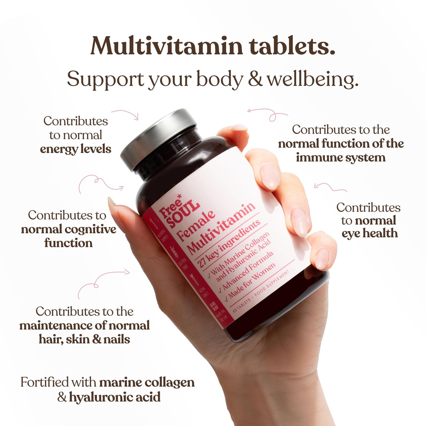 Women's Multivitamins & Minerals with Marine Collagen & Hyaluronic Acid | 27 Essential Vitamins, Minerals, & Botanicals | Gluten-Free & No Synthetic Fillers or Binders | 60 Tablets | Free Soul