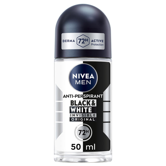NIVEA MEN Black & White Original Anti-Perspirant Roll On (50ml), 72hr Anti-Sweat Roll On Deodorant for Men, No Stains on Black and White Clothes