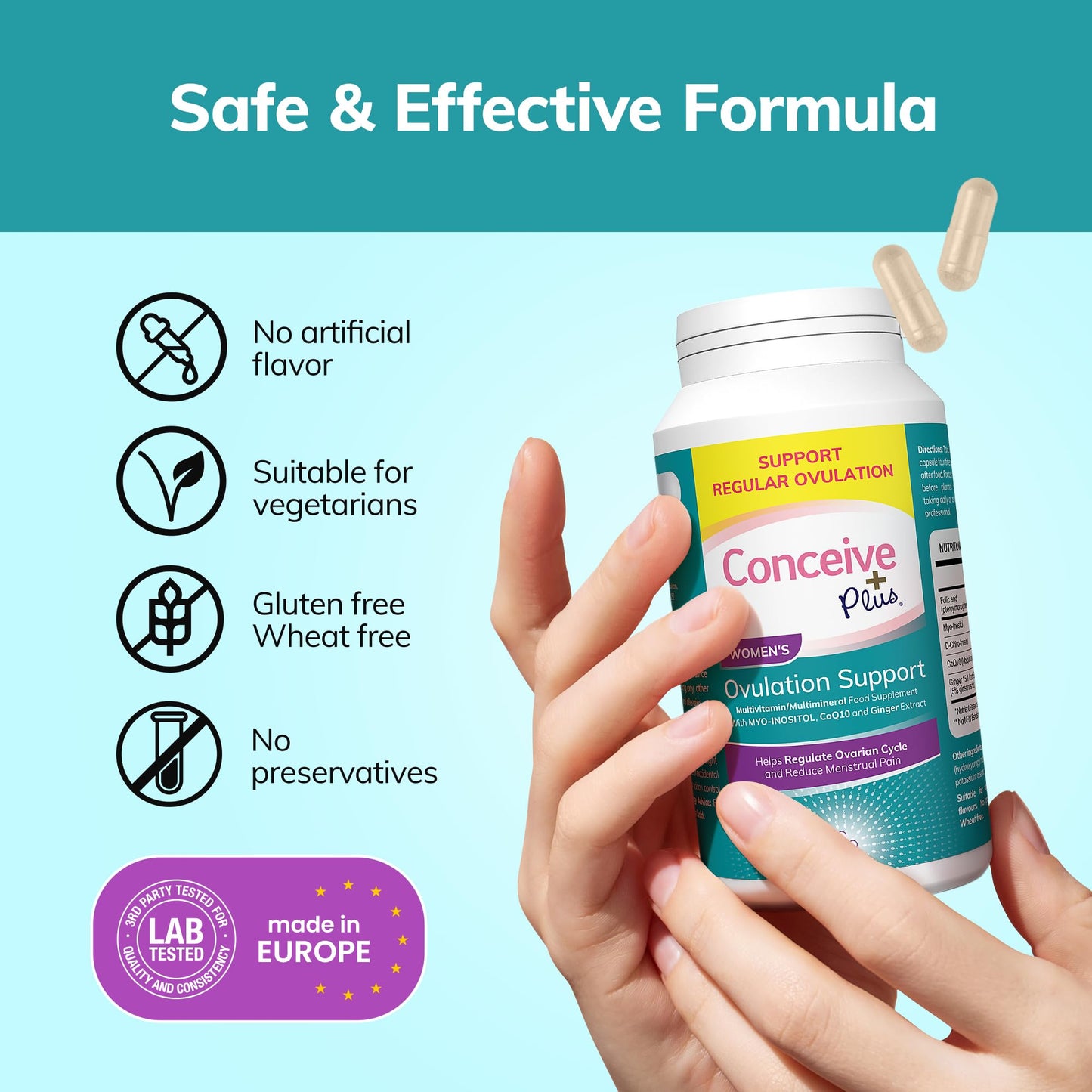 Conceive Plus Ovulation Support - PCOS Supplement for Fertility, Myo-Inositol & D-Chiro Inositol, Folate, Ginger and CoQ10 - Ovulation Supplement, Hormone Balance for Women - 120 Capsules