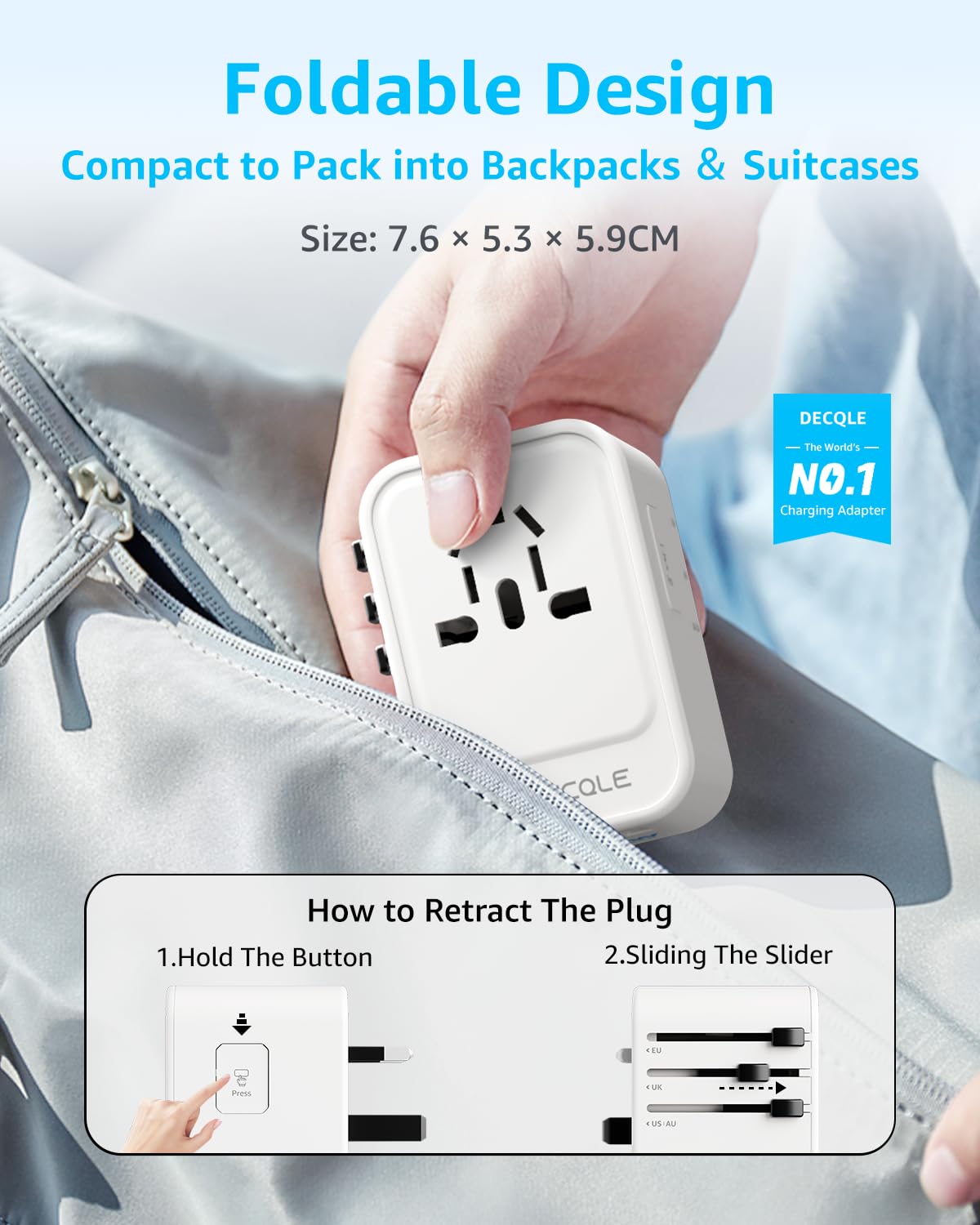 decqle Universal Travel Adapter, International Travel Plug Adapter with 2 USB-C(PD 20W) ＆ 1 USB-A Ports, All in One Portable AC Adapter for USA, UK, EU, AU ＆ 224+ Countries (White)