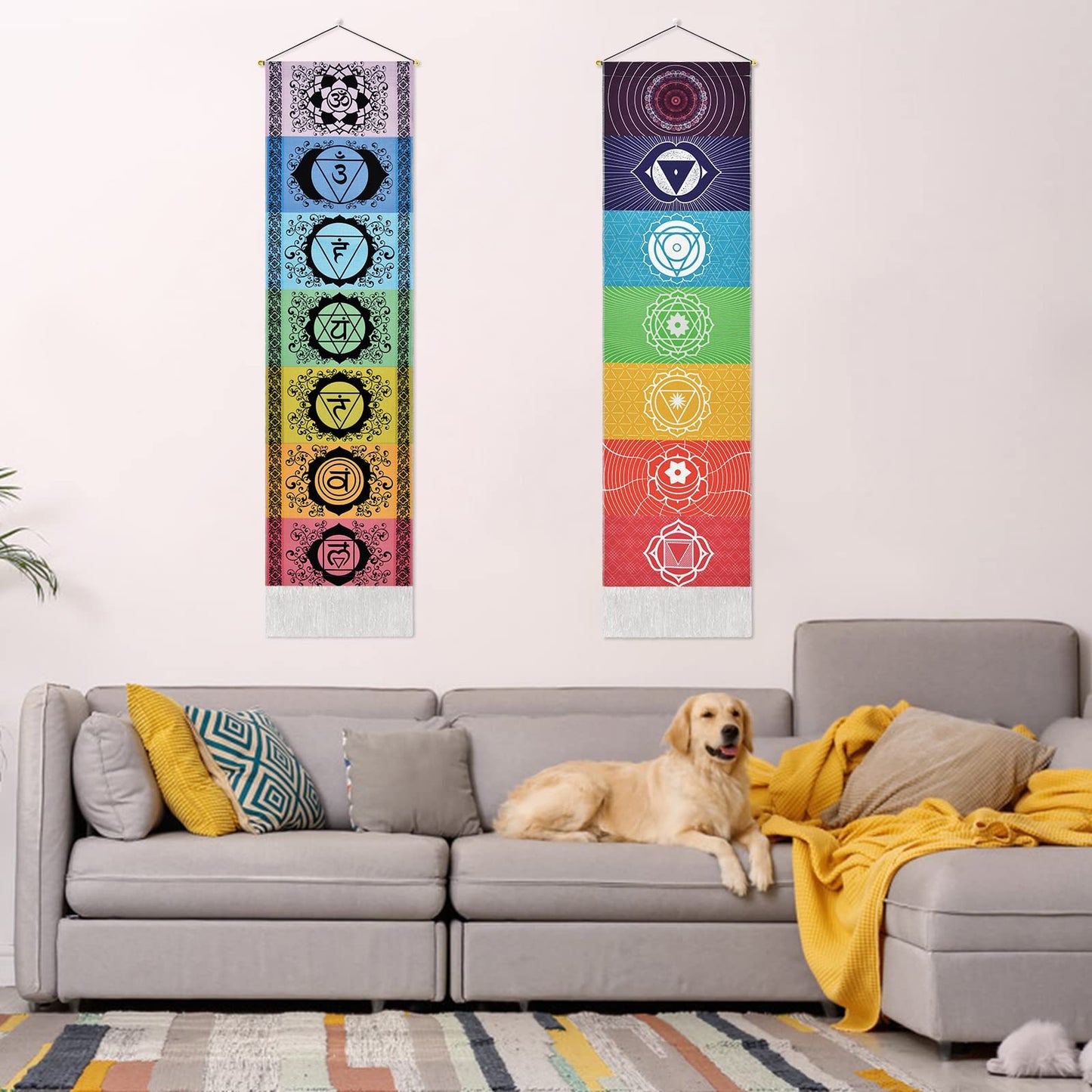 Yugarlibi 2 Pack Chakra Wall Hanging with Tassels, Meditation Yoga Tapestry, Mandala Wall Tapestry for Bedroom and Living Room - 130x32cm