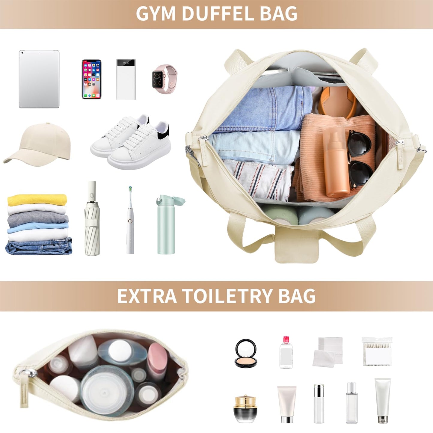 ETRONIK Gym Bag Womens, Sports Travel Duffel Bag with USB Charging Port, Weekend Overnight Bag for Women with Wet Pocket and Shoes Compartment, Hospital Bag, Beige
