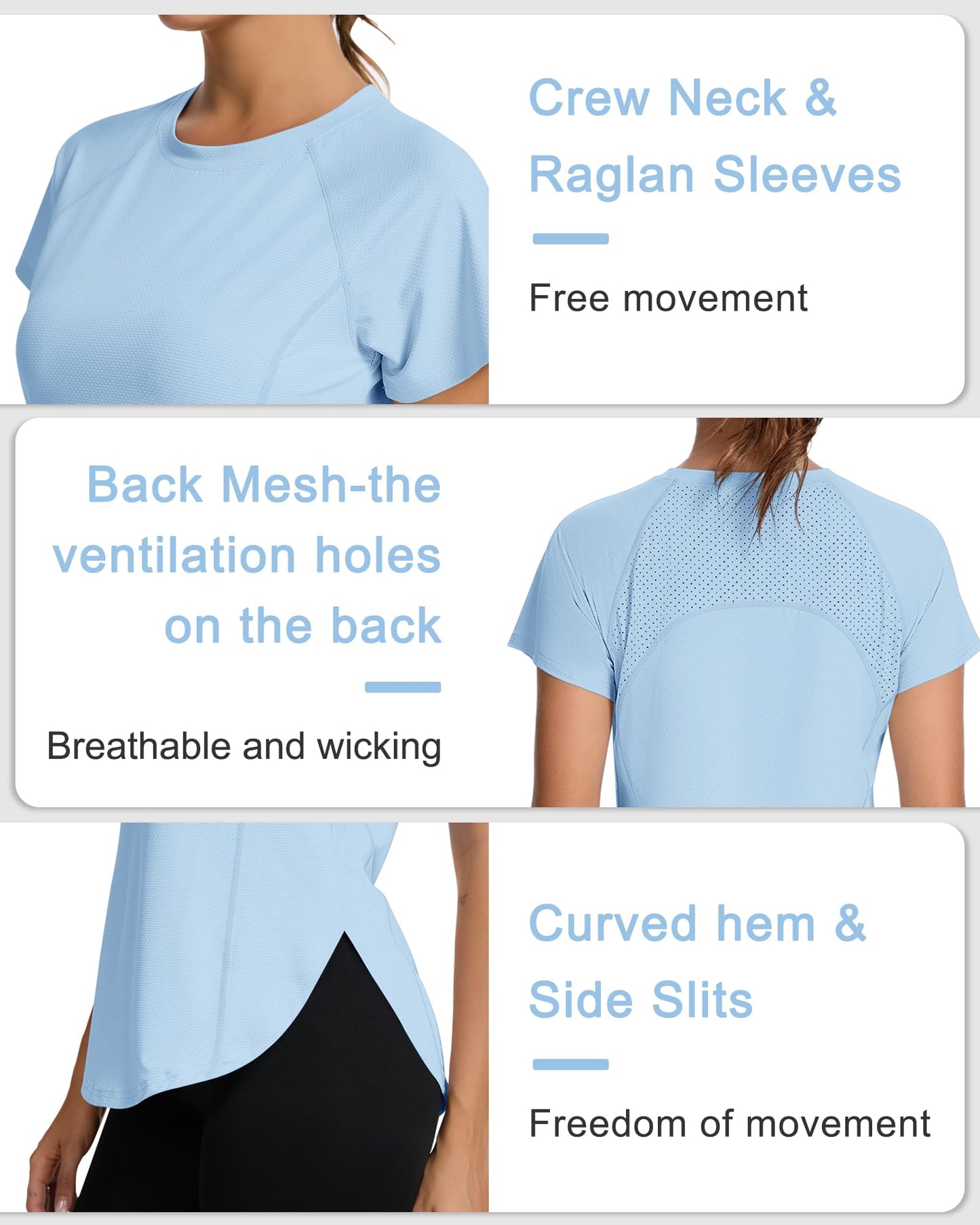IECCP Women's Gym Shirts Sports T-Shirt Short Sleeve Crew Neck Lightweight Moisture Wicking Quick Dry Running Top with Back Breathable Mesh Sport T-Shirt UV Protection Blue XL