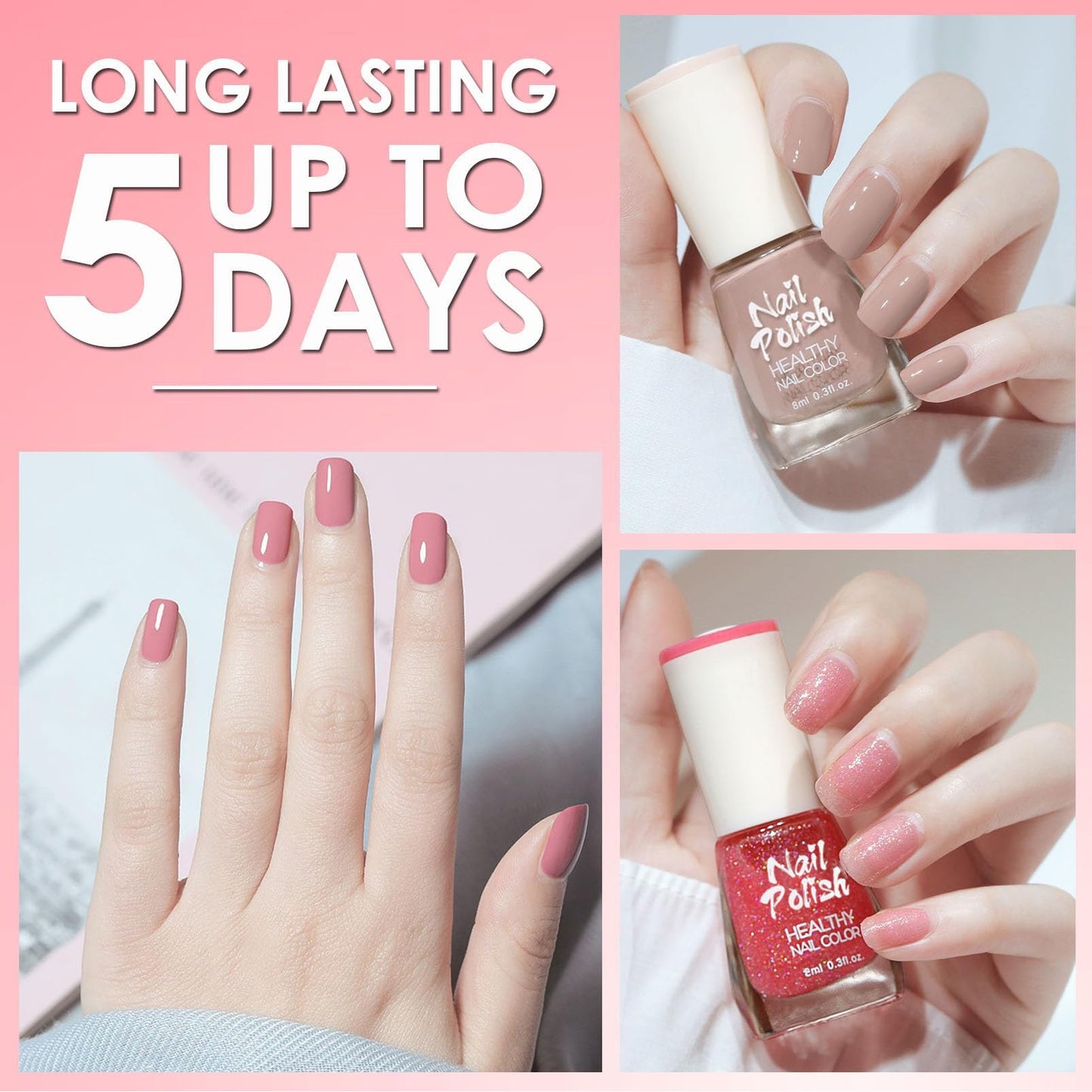 DMQ Nail Polish Set, 6Pcs Quick Dry & Long Lasting Nude Pink Red Nail Varnish - Non-Toxic Water Based Holographic Nail Polish Gel - No Need UV Nail Paint for DIY Nail Art Manicure at Home 8ML