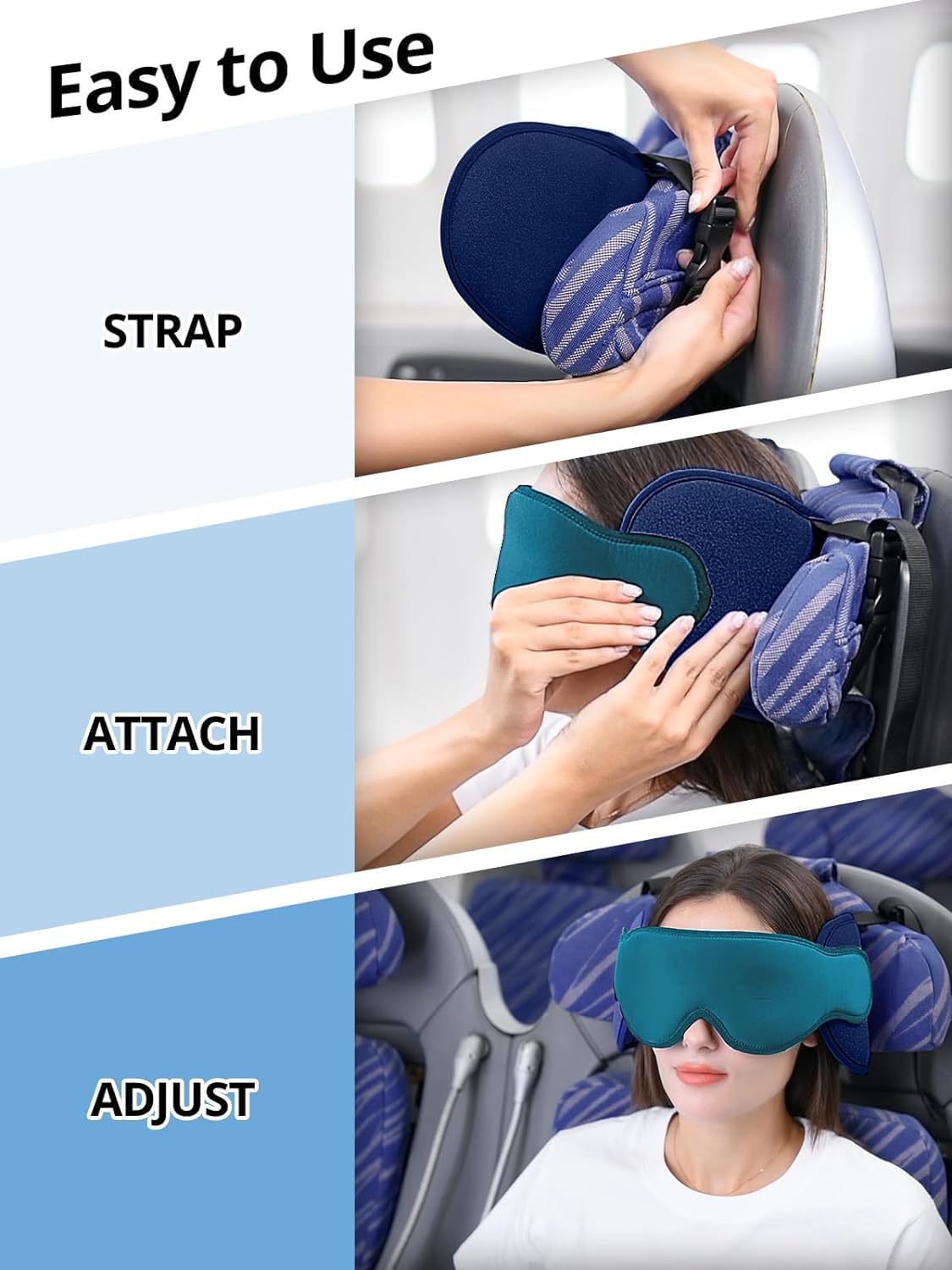 Inspireyes Travel Pillows for Airplanes, Airplane Head Strap with Sleep Eye Mask, 360° Suooprt Headrest, Travel Accessories for Long Flight, Car Road Trip, Light Black