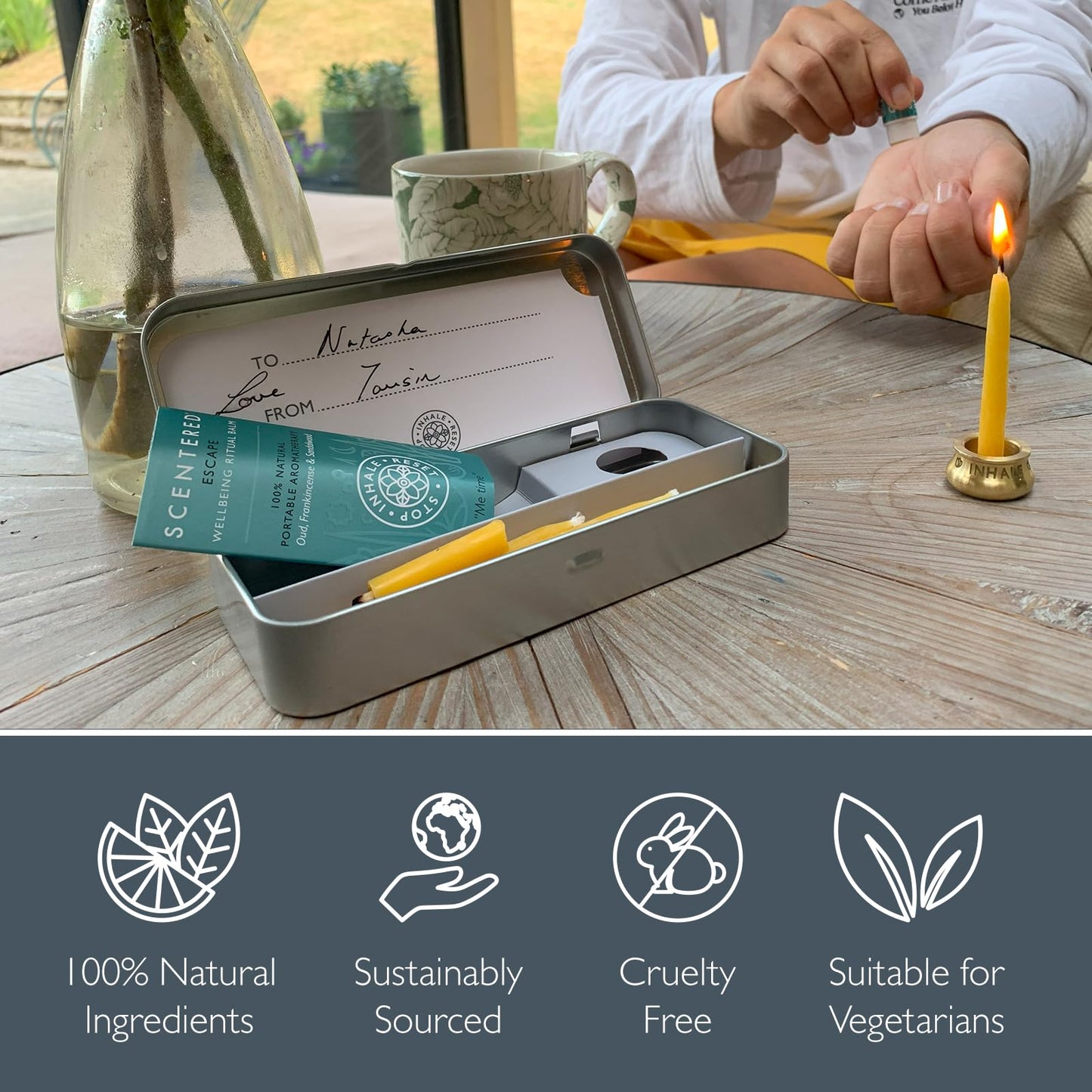 Scentered Aromatherapy Balm & Meditation Candle Set - Mindful Escape Relaxation - x12 Beeswax Candles with Brass Holder & x1 Essential Oil Blend Balm
