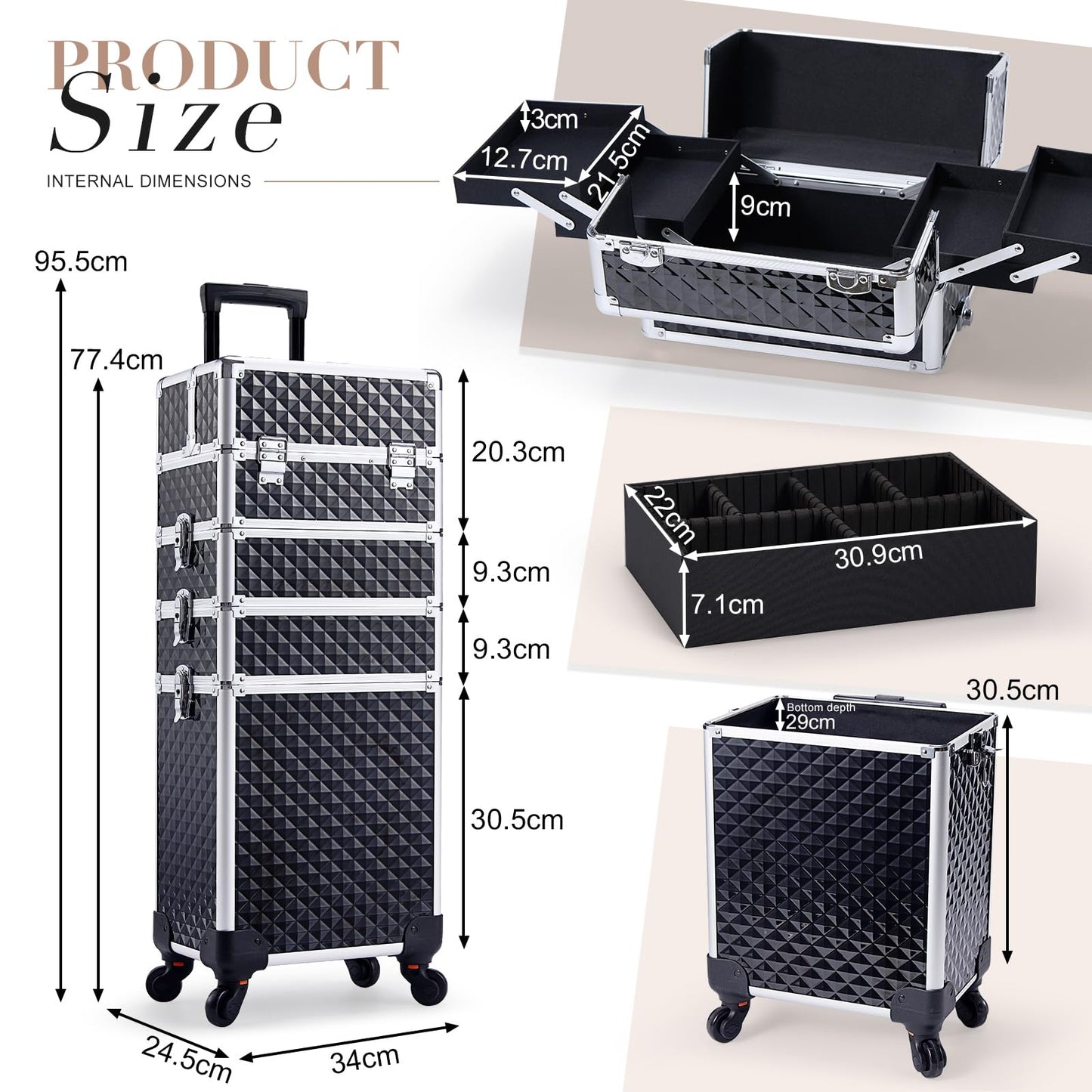 Joligrace 4-in-1 Tall Vanity Case for Women Makeup Box Make Up Beauty Trolley on Wheels Professional Large Makeup Case Organiser Rolling Box Nail Technician case with Locks (Black)