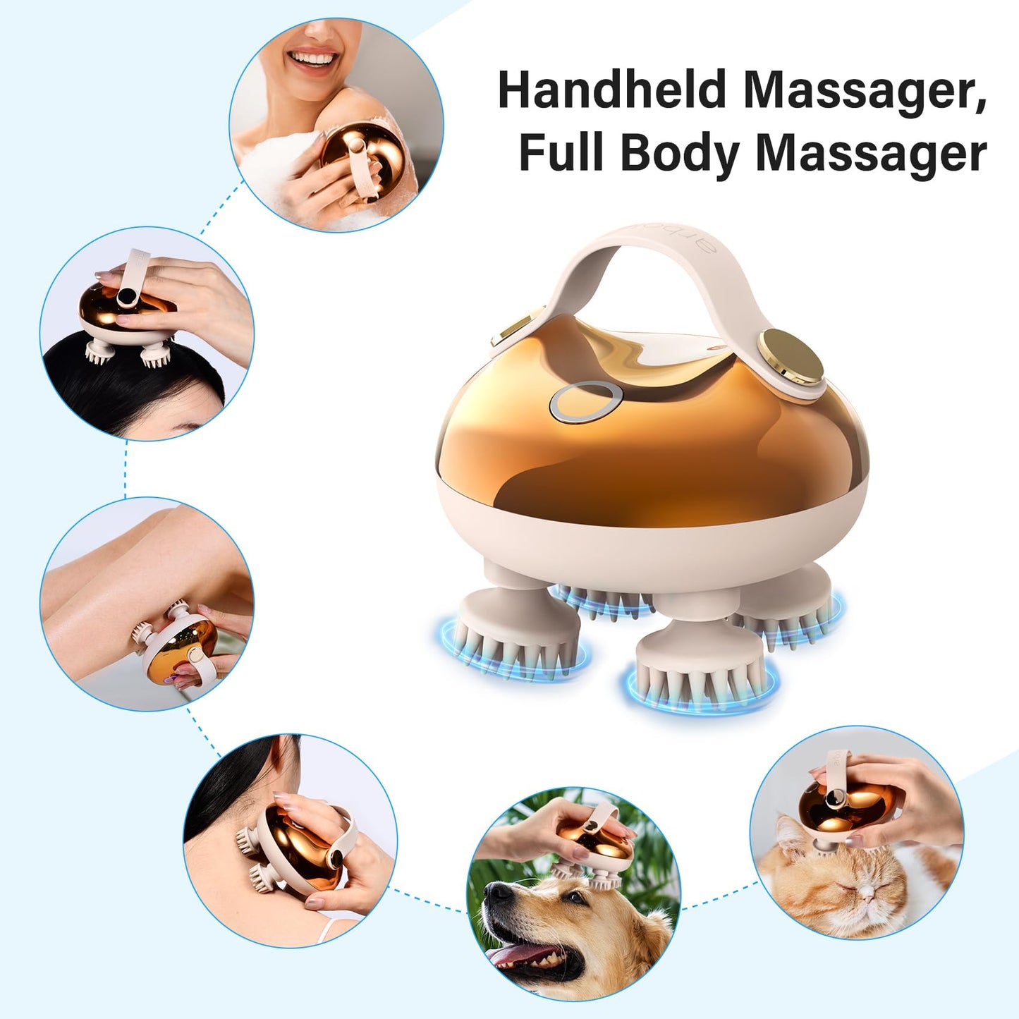 arboleaf Electric Scalp Massager, Waterproof Head Massager with Replacement Silicone Heads for Hair Growth, Handheld Massager for Head Body Relaxation, Stress Relief and Hair Care, Gifts for Women Men