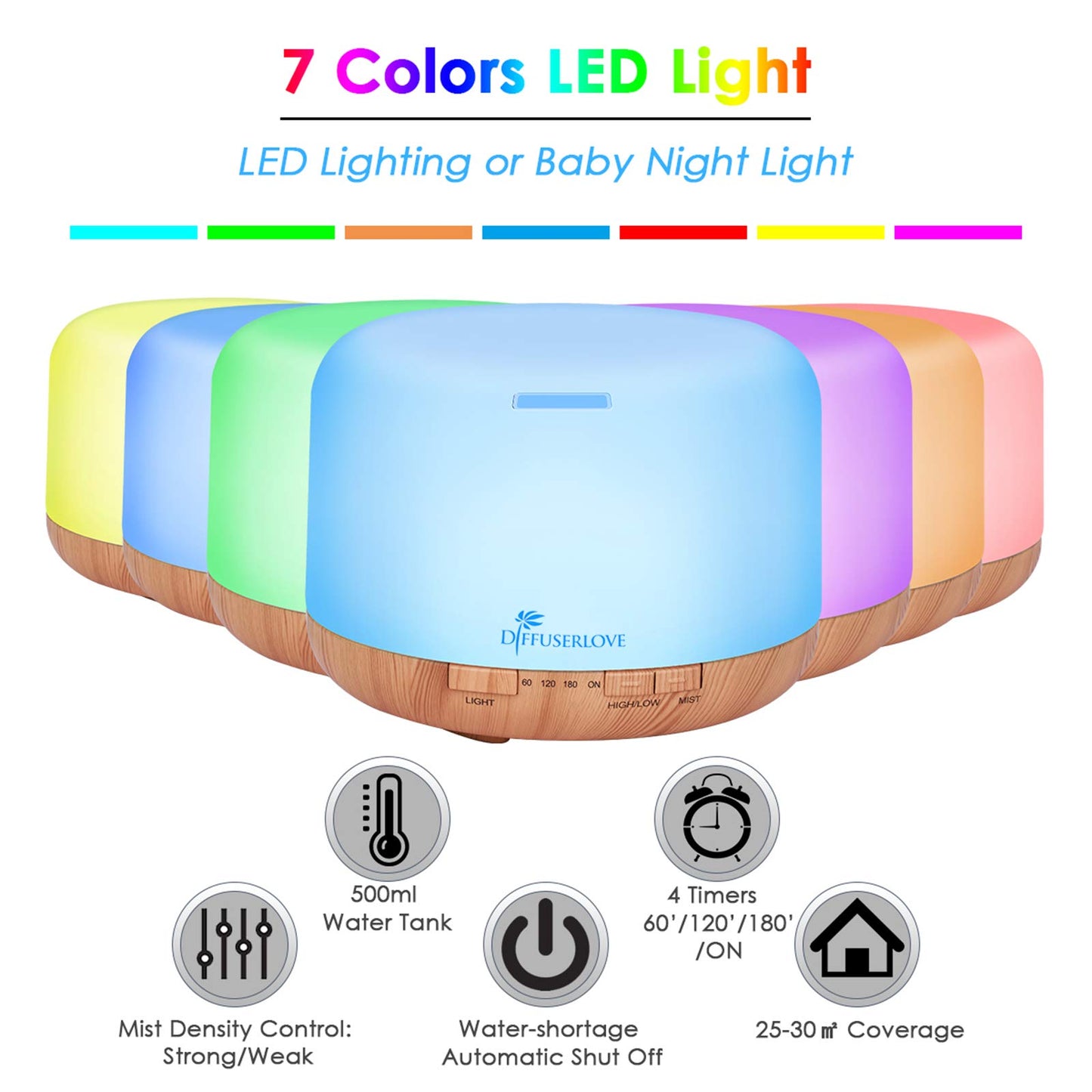 Diffuserlove Essential Oil Diffuser 500ML Remote Control Aromatherapy Diffuser Cool Mist Humidifiers 7 LED Night Light for Home Office SPA Yellow