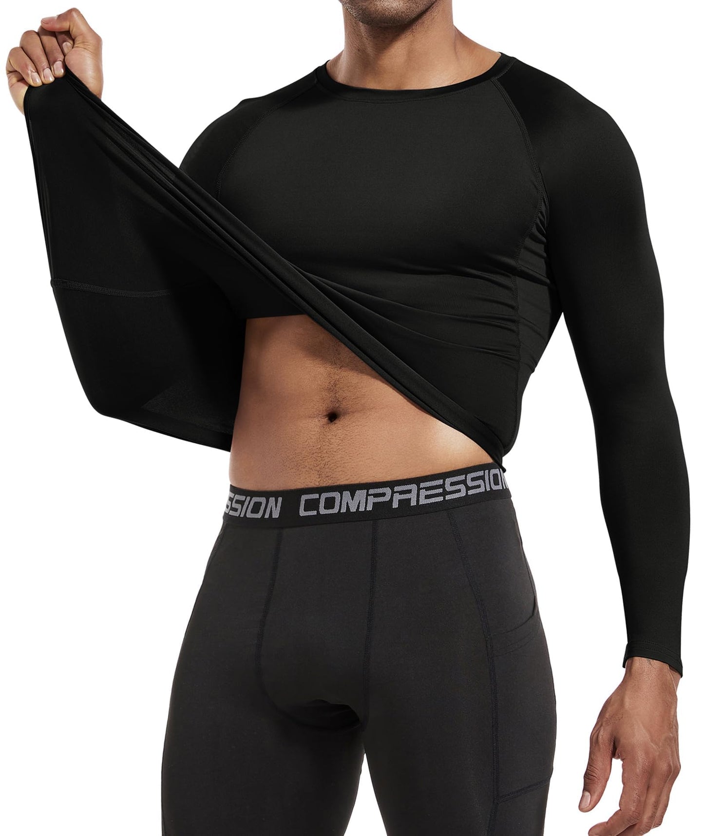 Holure 3 Pack Compression Shirts for Men Long Sleeve Running Top Quick Dry Base Layer Tops for Gym Sports Fitness Workout Black-XL