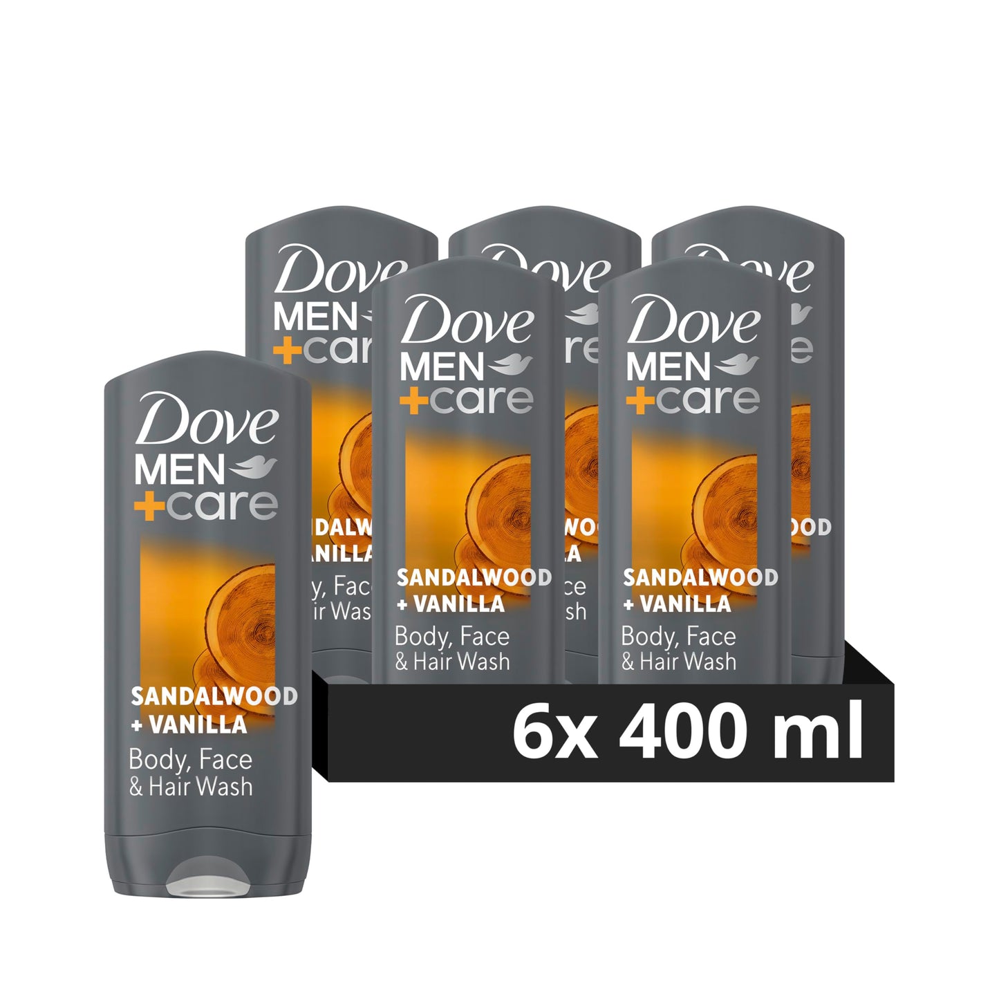 Dove Men+Care Sandalwood + Vanilla 3-in-1 Hair, Face and Body Wash Body Cleanser shower gel with MicroMoisture technology for 24 hour nourishment 6x 400 ml