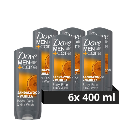 Dove Men+Care Sandalwood + Vanilla 3-in-1 Hair, Face and Body Wash Body Cleanser shower gel with MicroMoisture technology for 24 hour nourishment 6x 400 ml